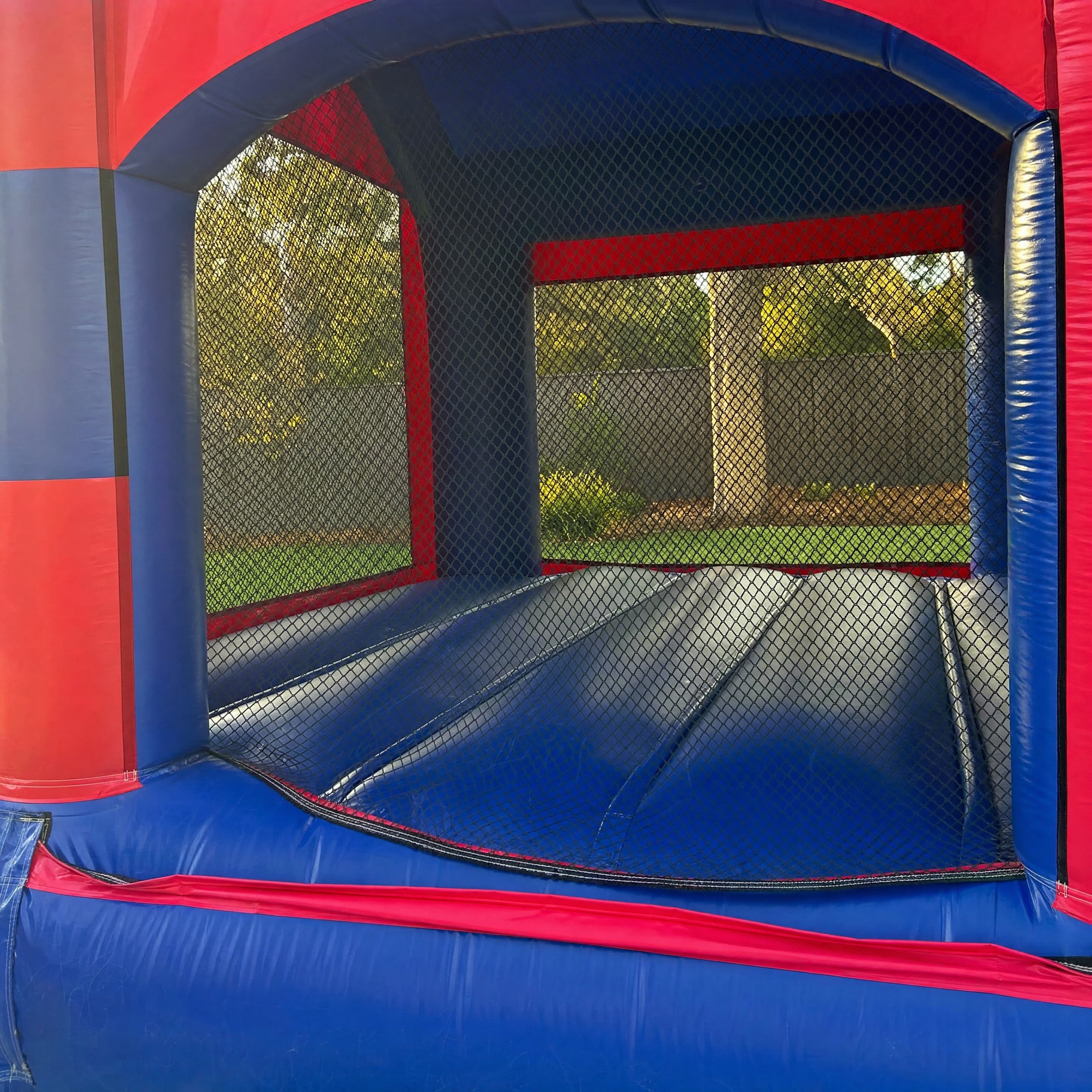 Interior view of the Frozen Jumping Castle bouncing bed through the mesh entrance