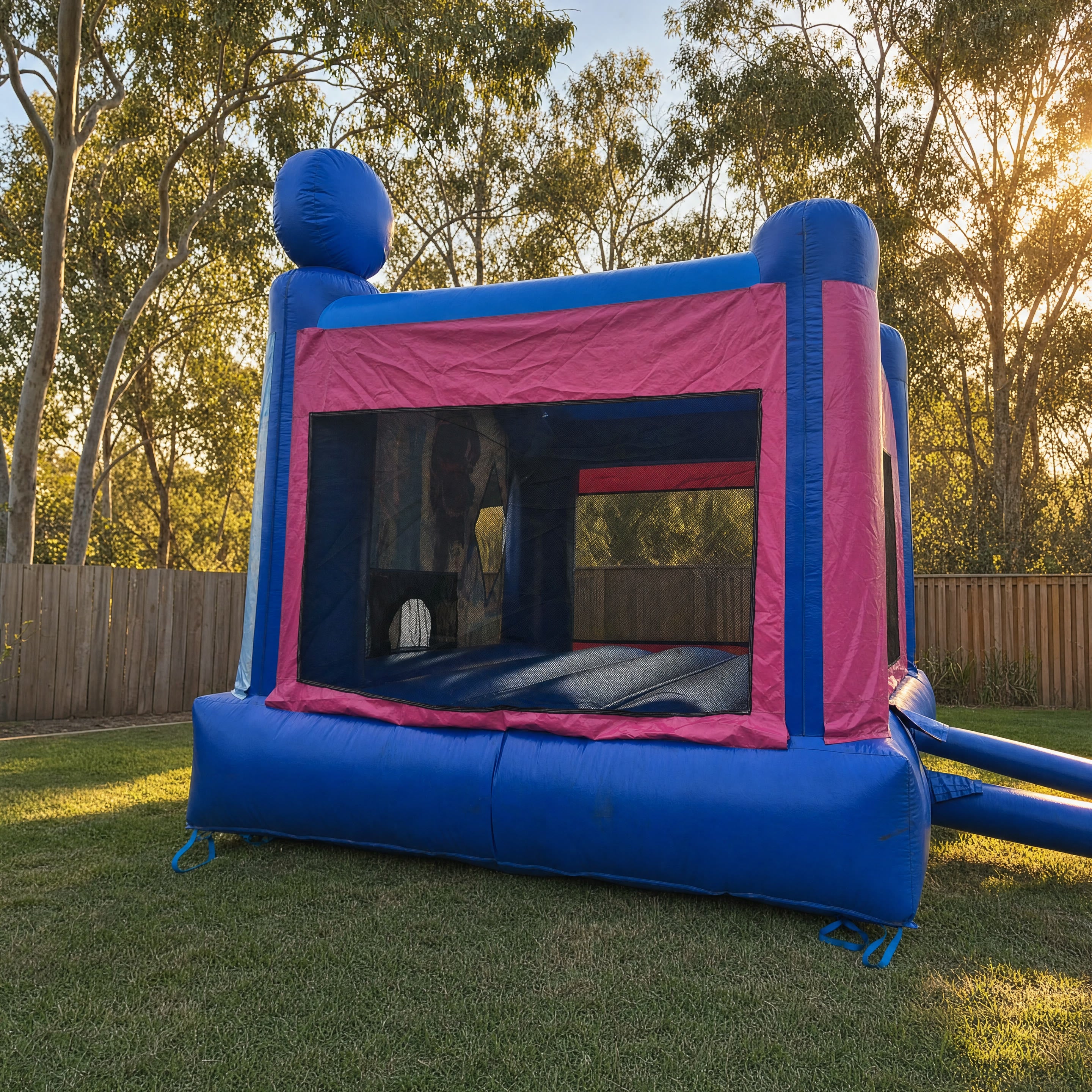 Side profile view of the Frozen Jumping Castle in a Central Coast backyard