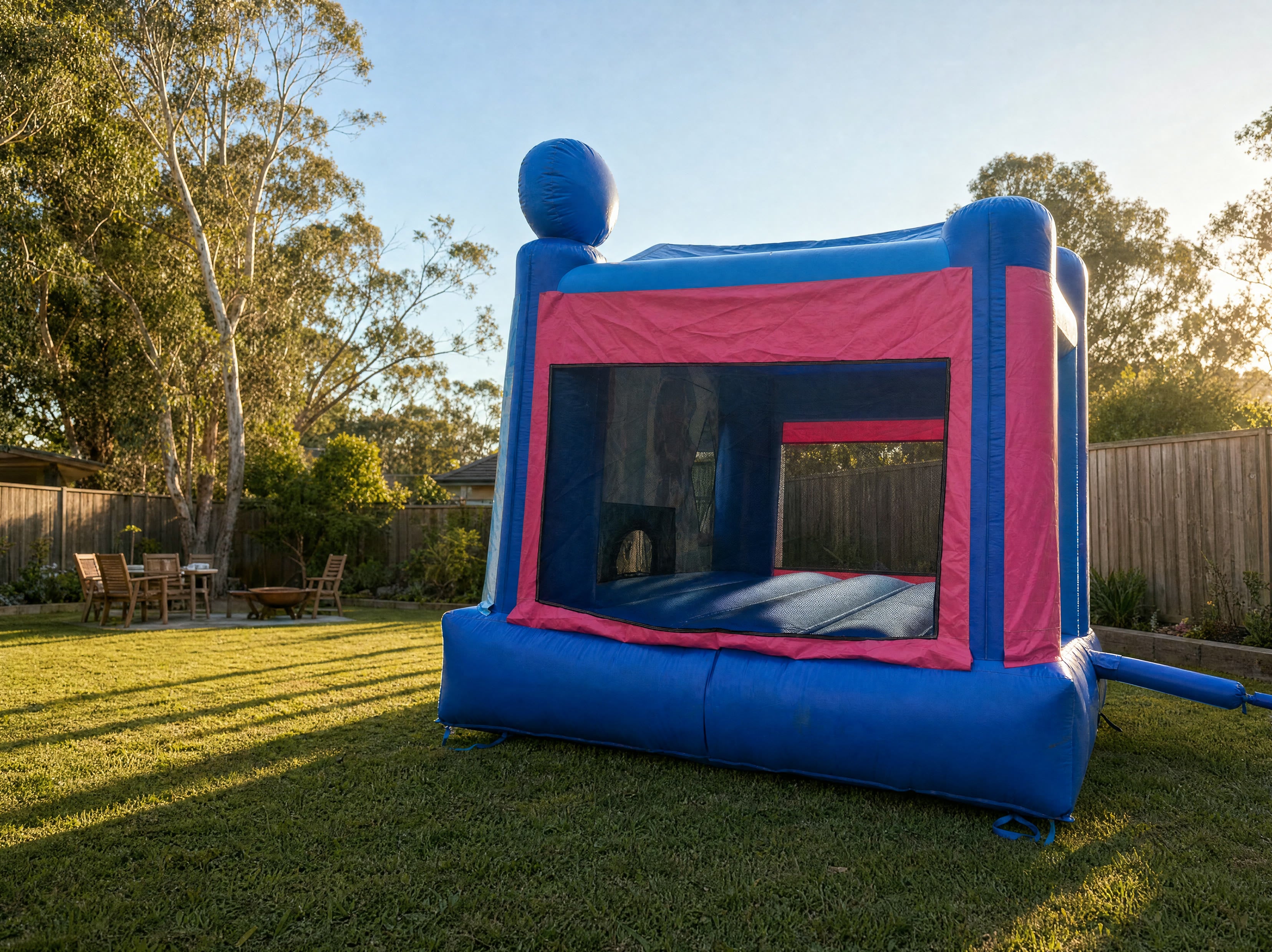 Wide yard scale view of the Frozen Jumping Castle with fencing and trees for context