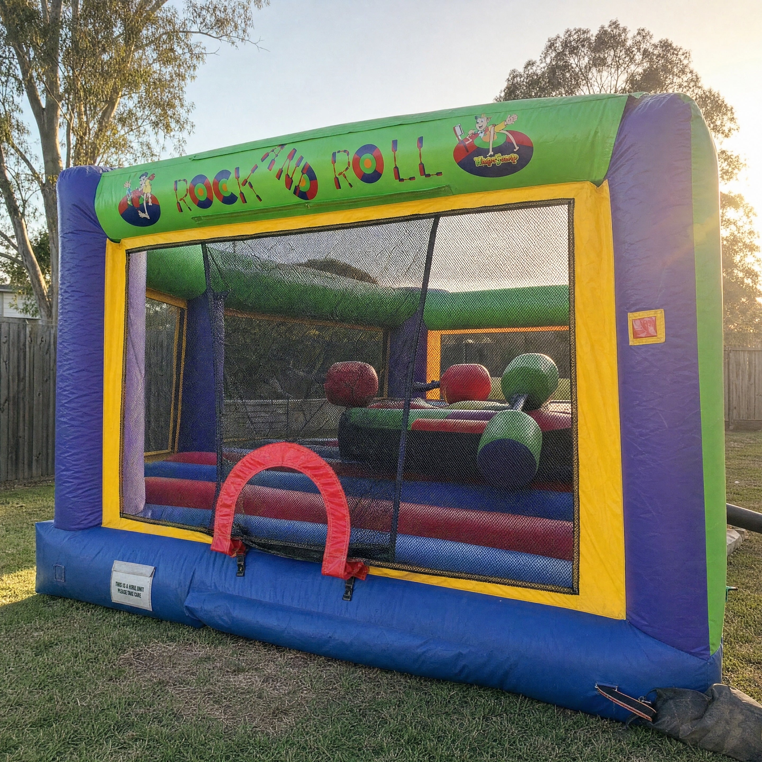 Gladiator Duel Hire Central Coast, front three-quarter view of the inflatable joust arena set up in a backyard