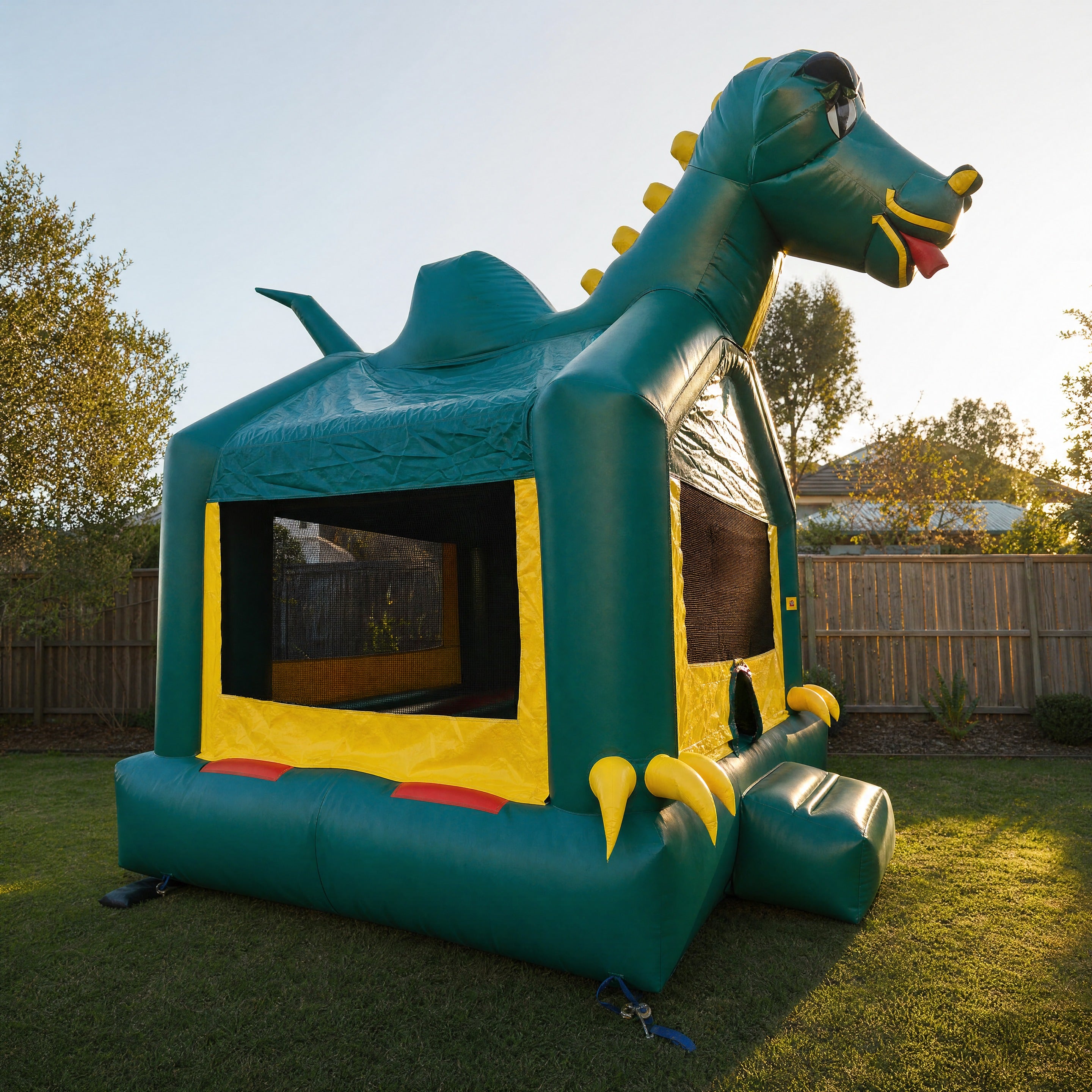 Green Dinosaur Jumping Castle hire, three-quarter view showing claw feet and entrance