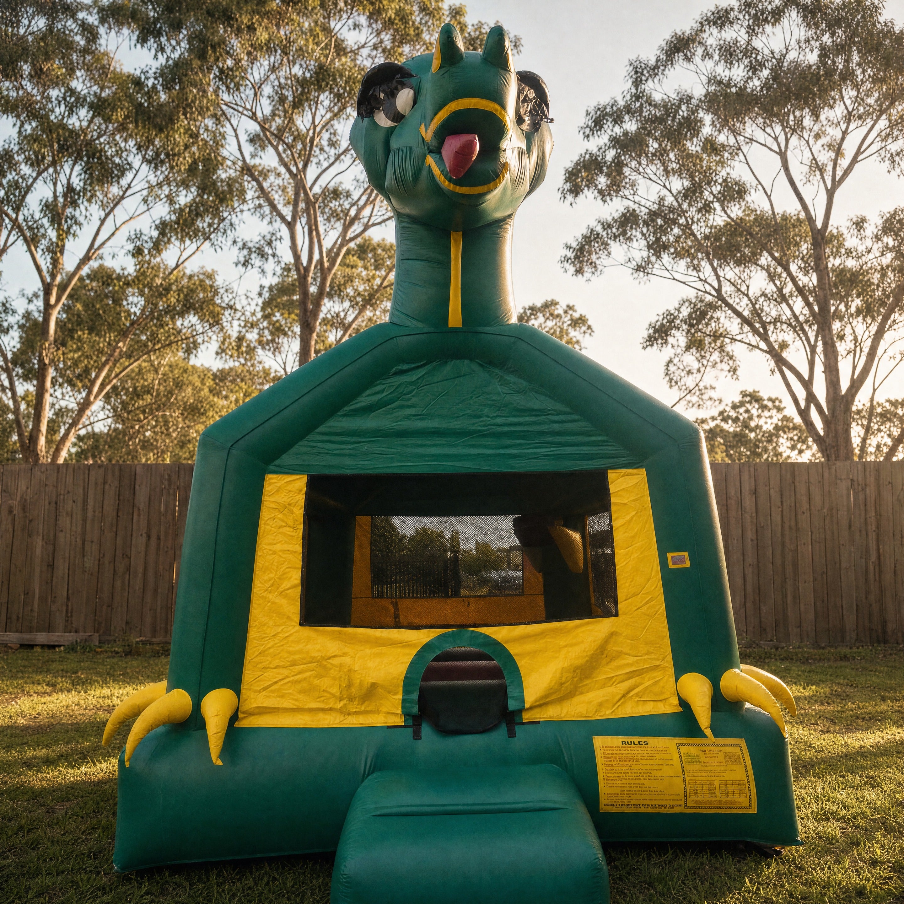 Green Dinosaur Jumping Castle hire, straight-on front view with entrance and safety rules placard