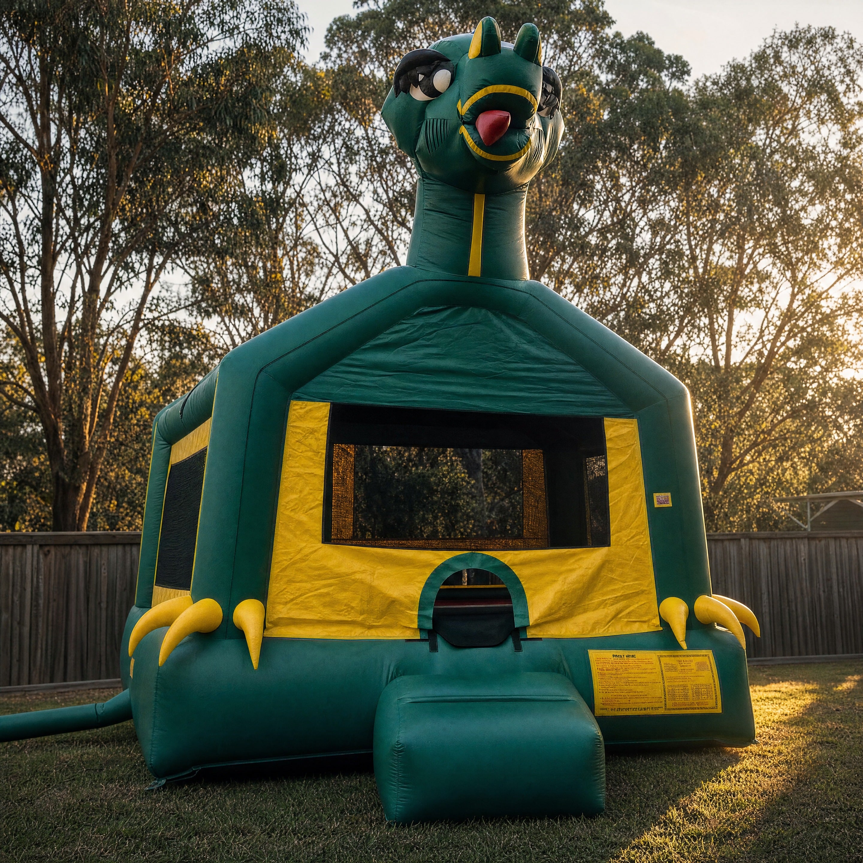 Green Dinosaur Jumping Castle hire set up in a Central Coast backyard, front three-quarter view