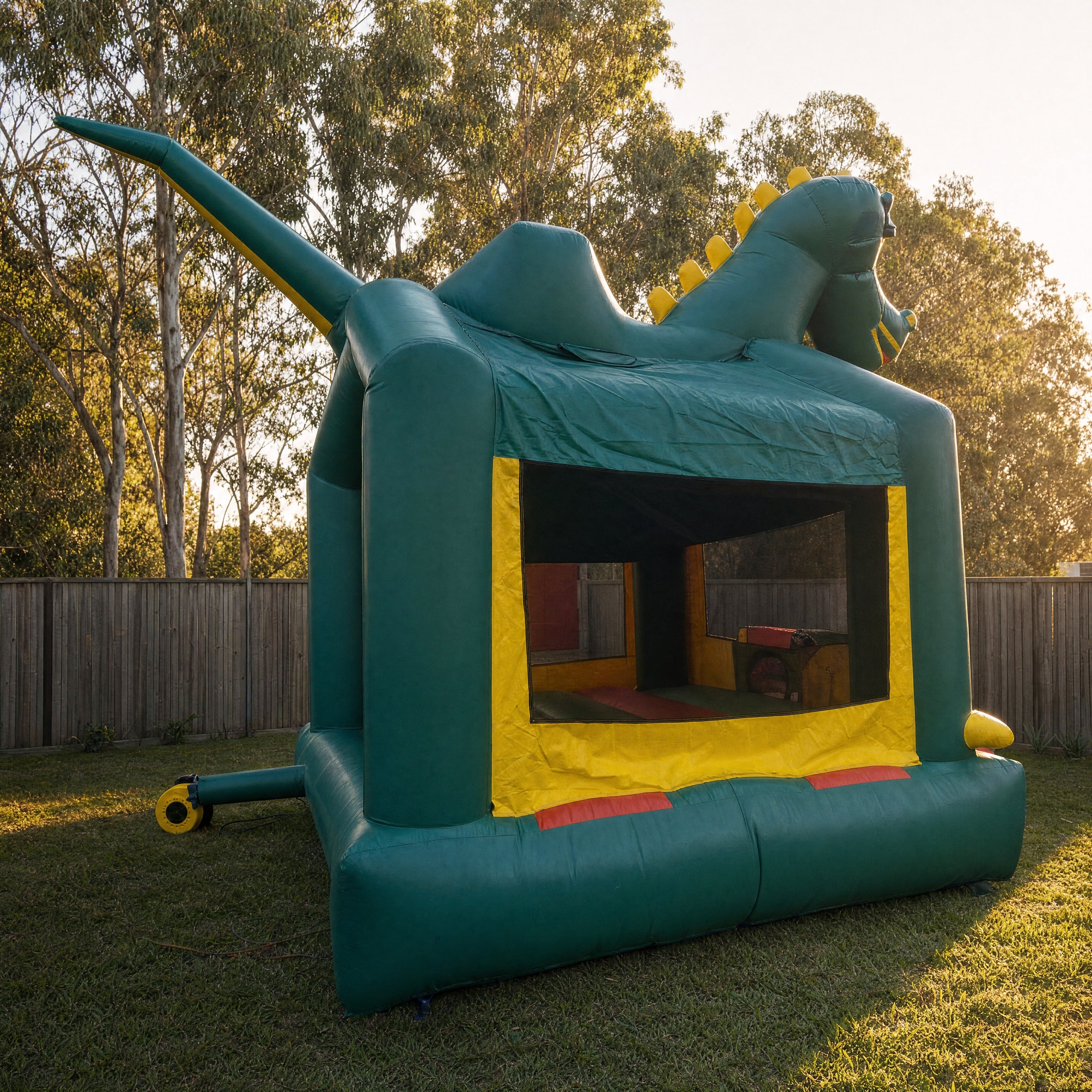 Green Dinosaur Jumping Castle hire, side profile showing tail spikes and blower