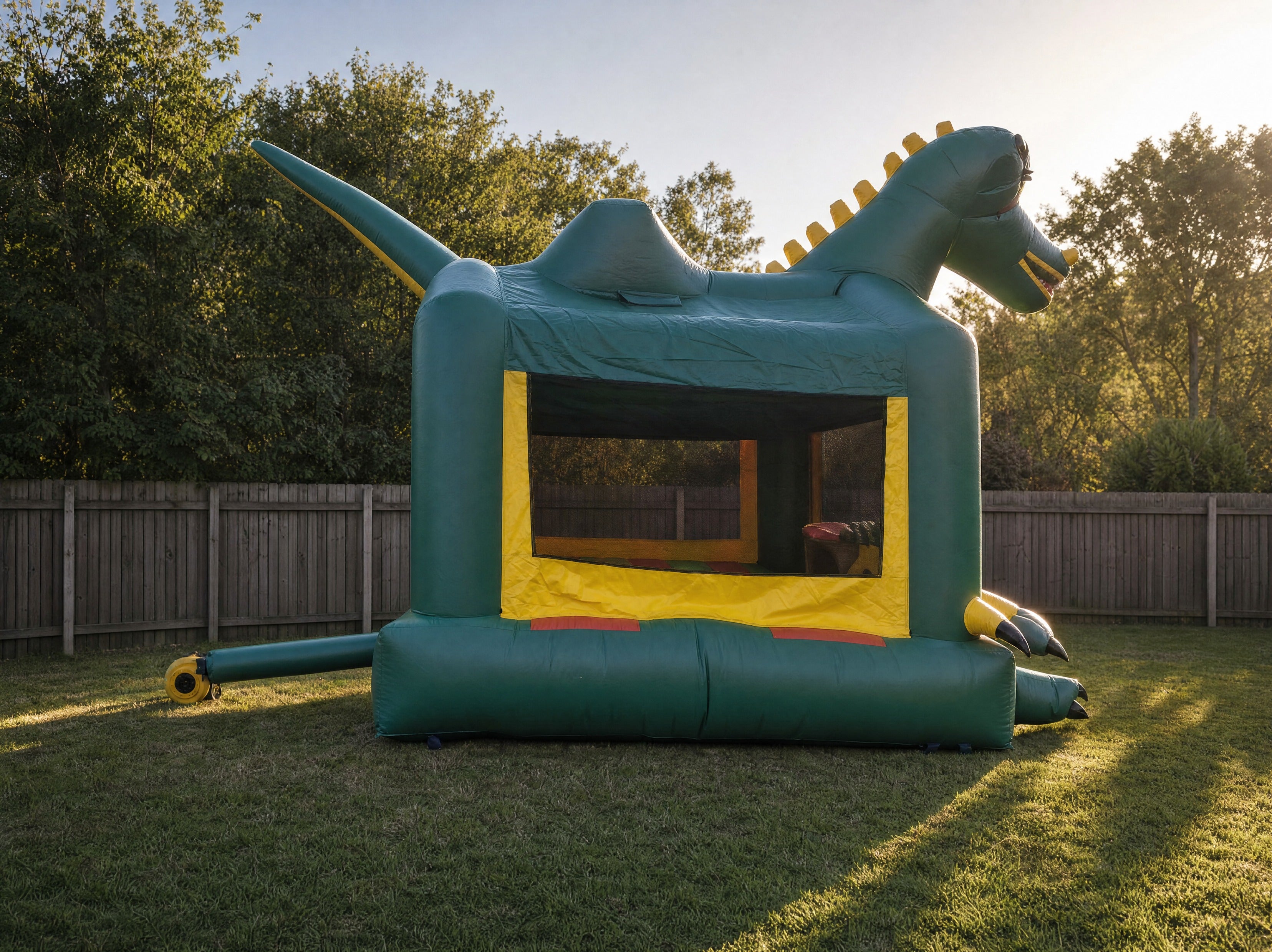 Green Dinosaur Jumping Castle hire, full side profile showing the dinosaur head, back spikes, and tail