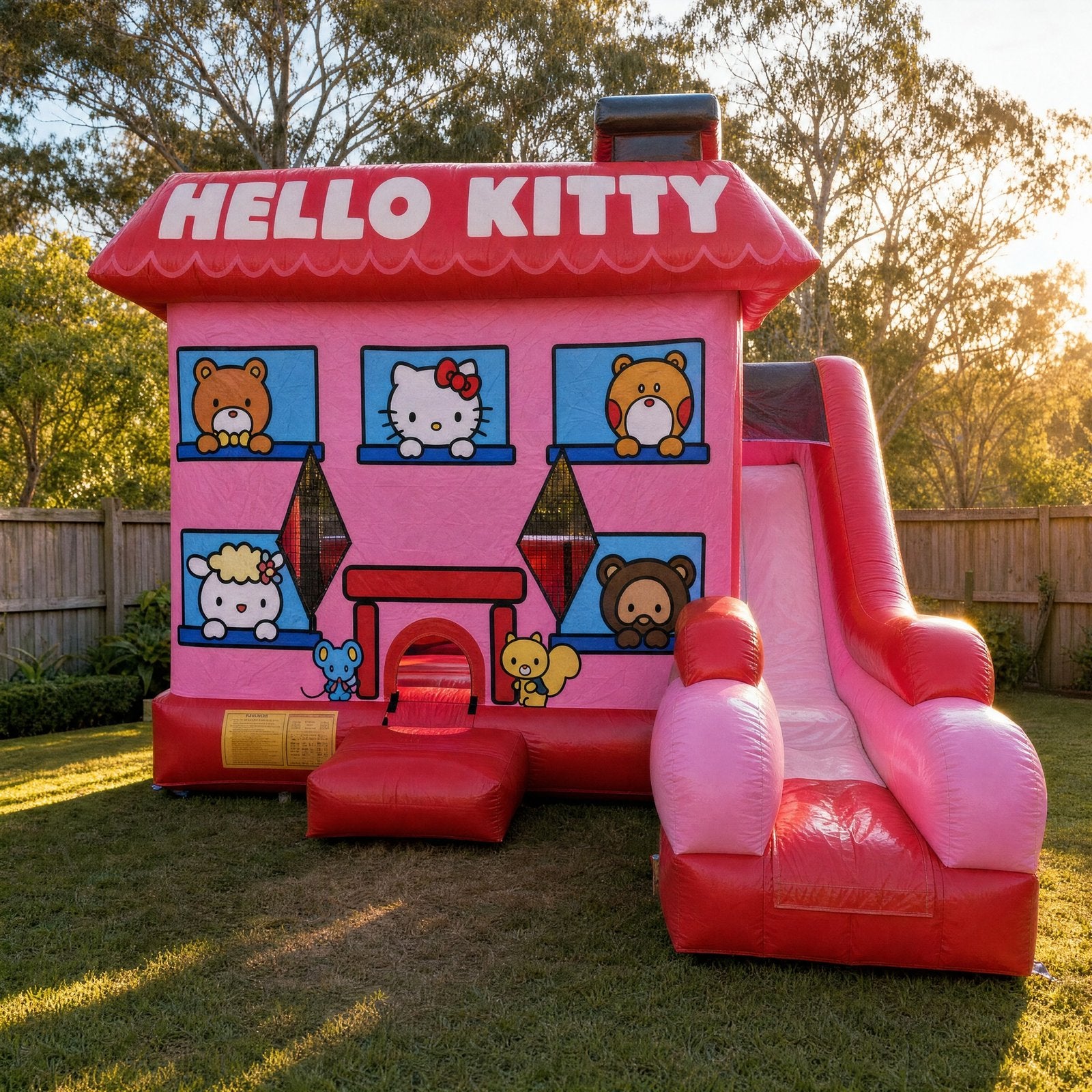 Straight-on front view of the Hello Kitty C7 Combo castle showing the Sanrio character panels