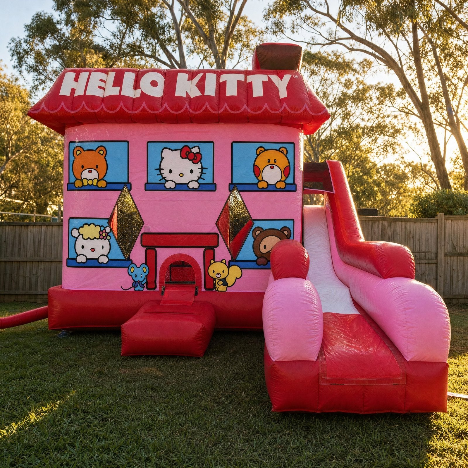 Hello Kitty C7 Combo jumping castle set up in a Central Coast backyard at golden hour