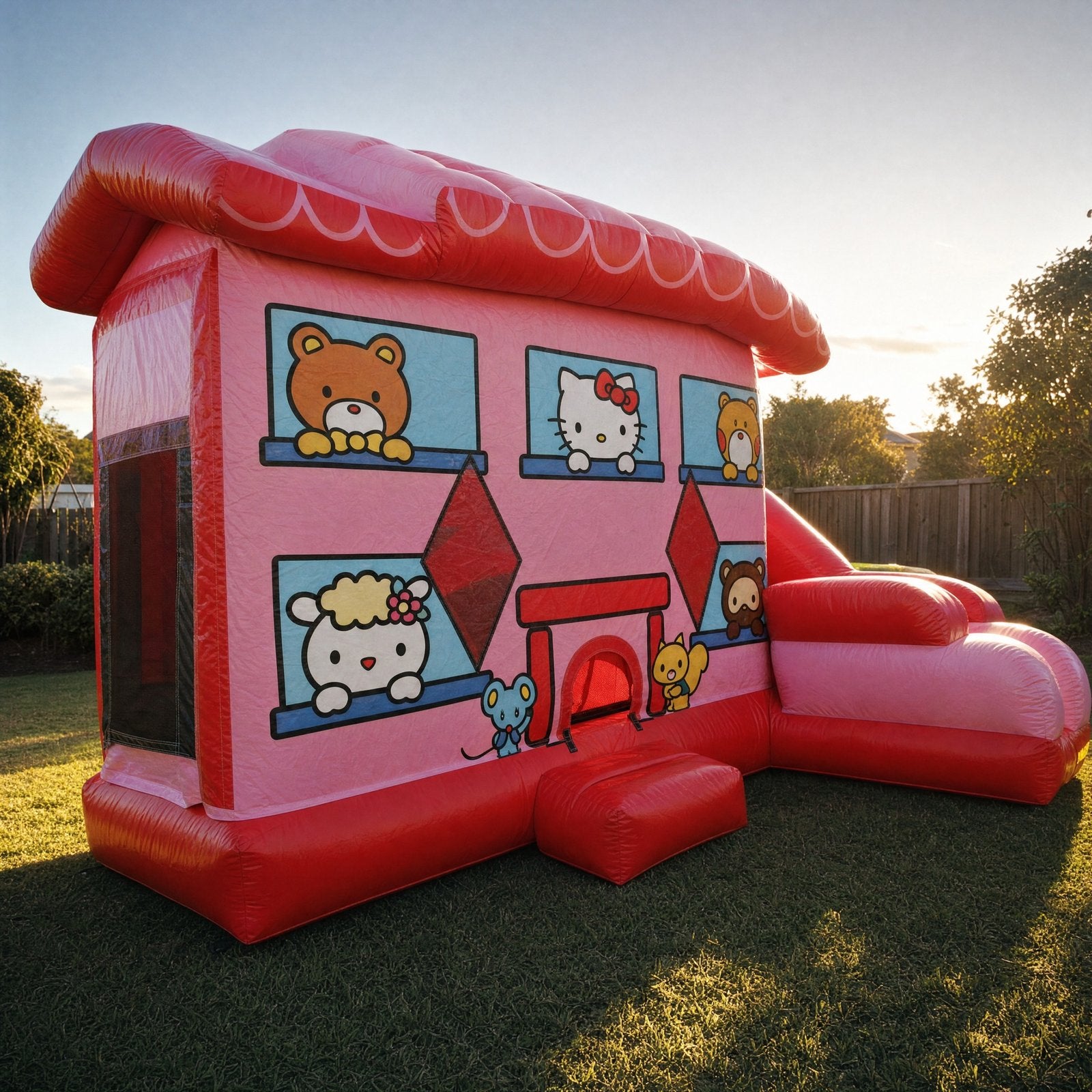 Side profile view of the Hello Kitty C7 Combo castle showing the slide and full unit depth