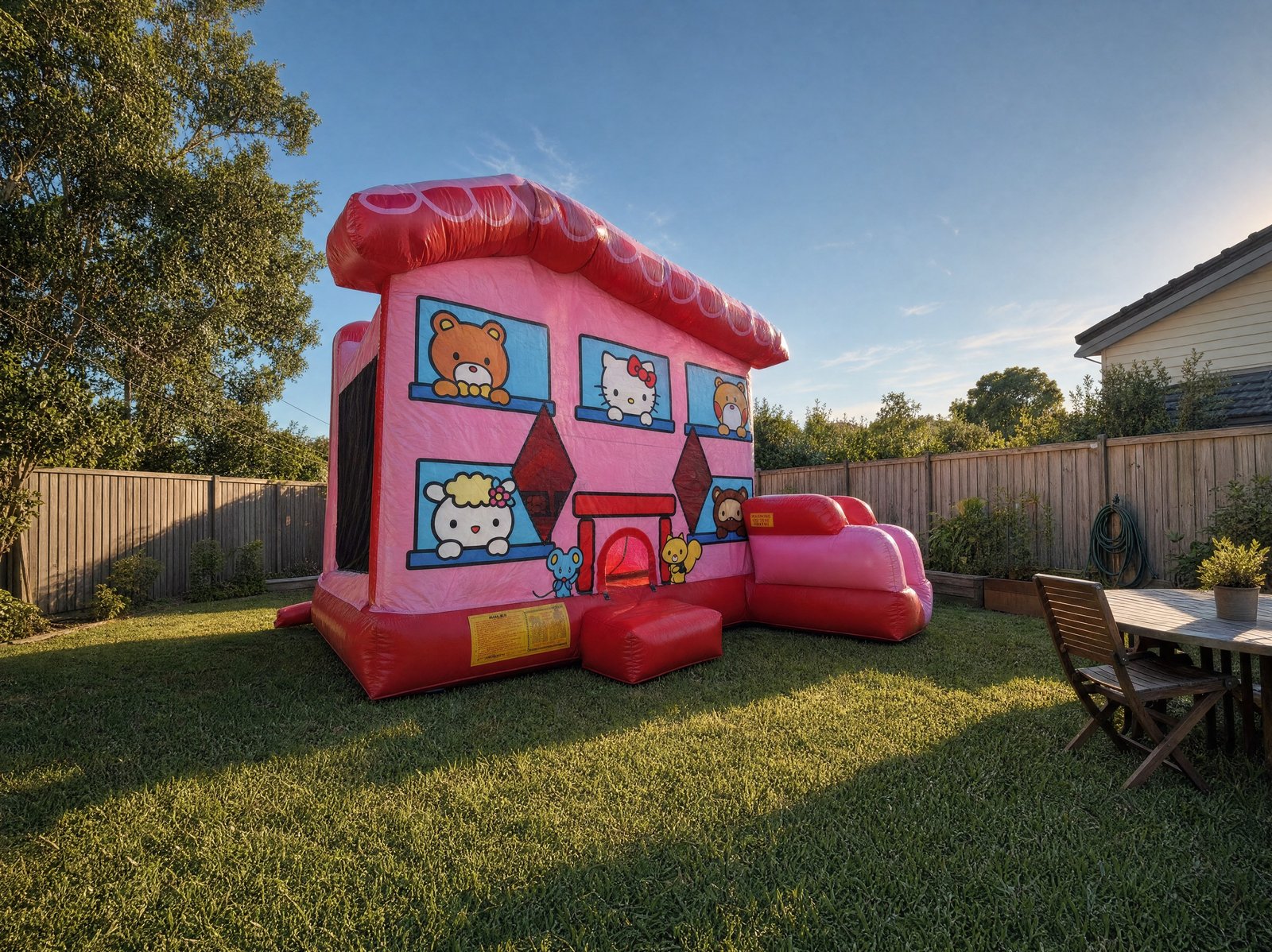 Pulled back view of the Hello Kitty C7 Combo castle showing true scale in a backyard