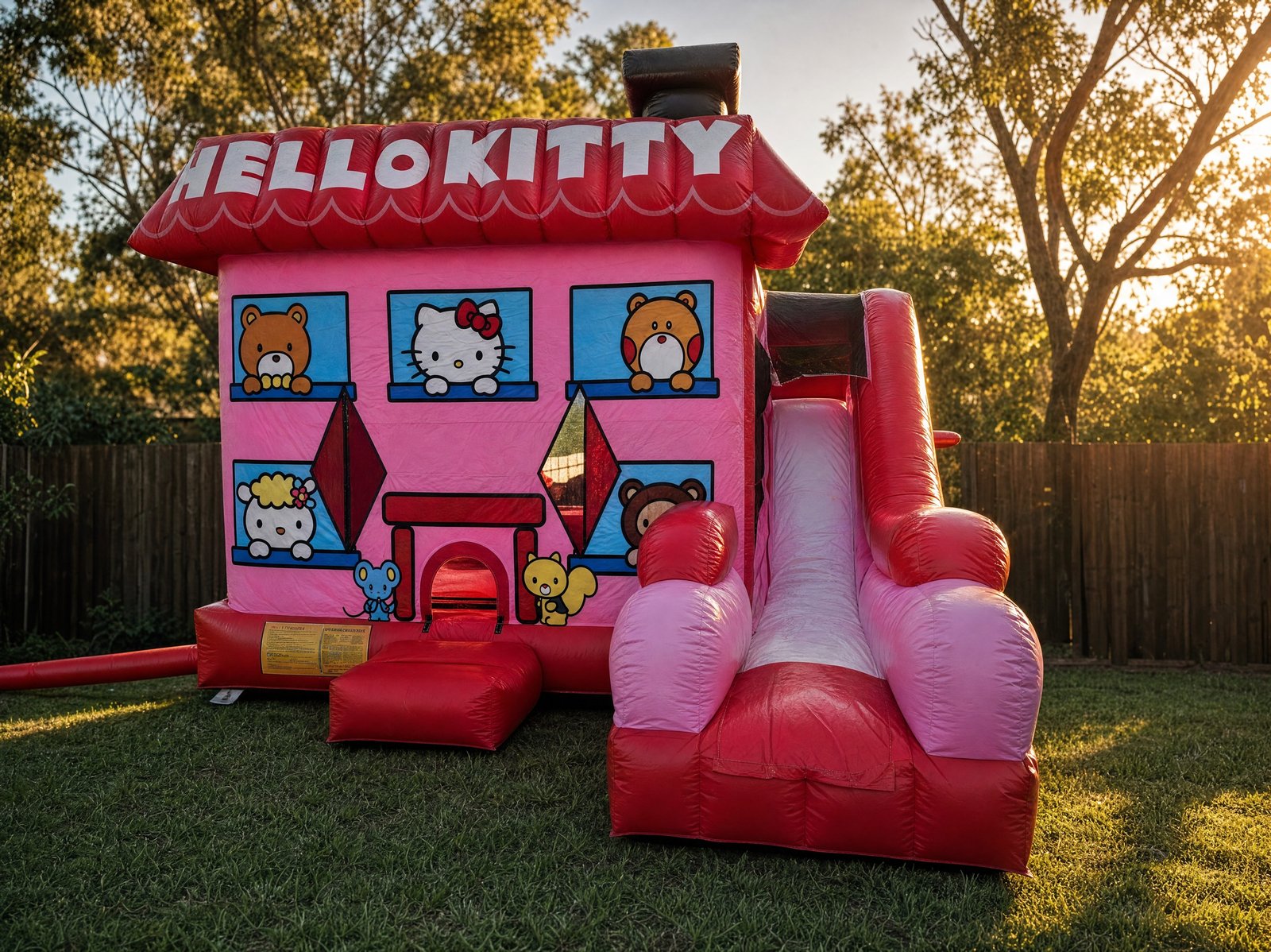 Wide front three-quarter view of the Hello Kitty C7 Combo jumping castle in a backyard