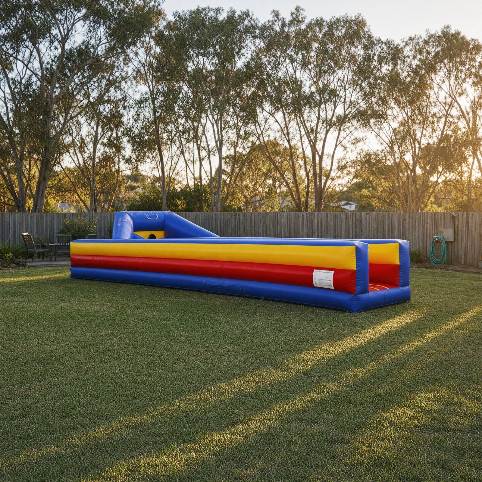 Horizontal bungee run hire - pulled back view showing true size in a backyard