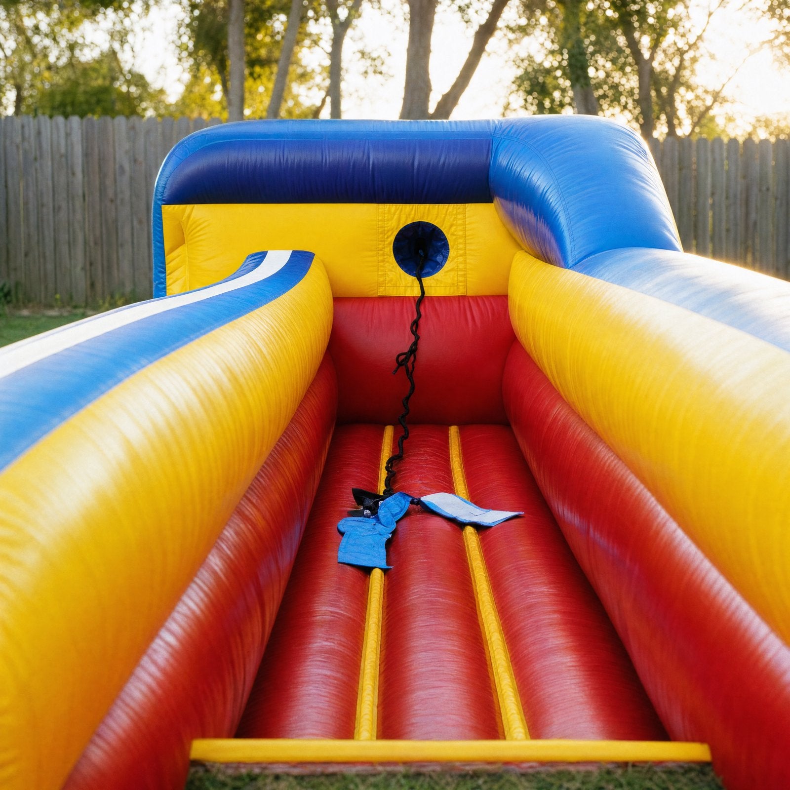 Horizontal bungee run hire - close view of the padded start area and bungee harness