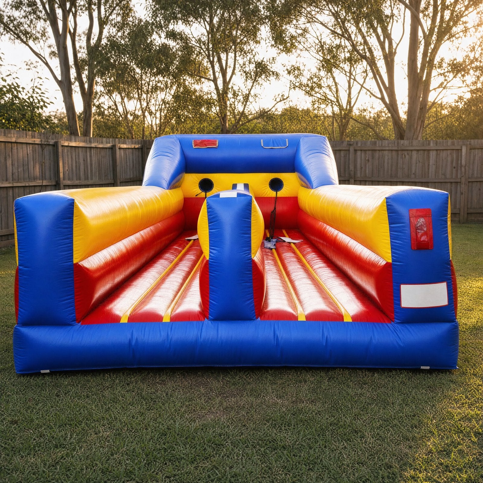 Horizontal bungee run hire - straight-on front elevation showing the entrance archway