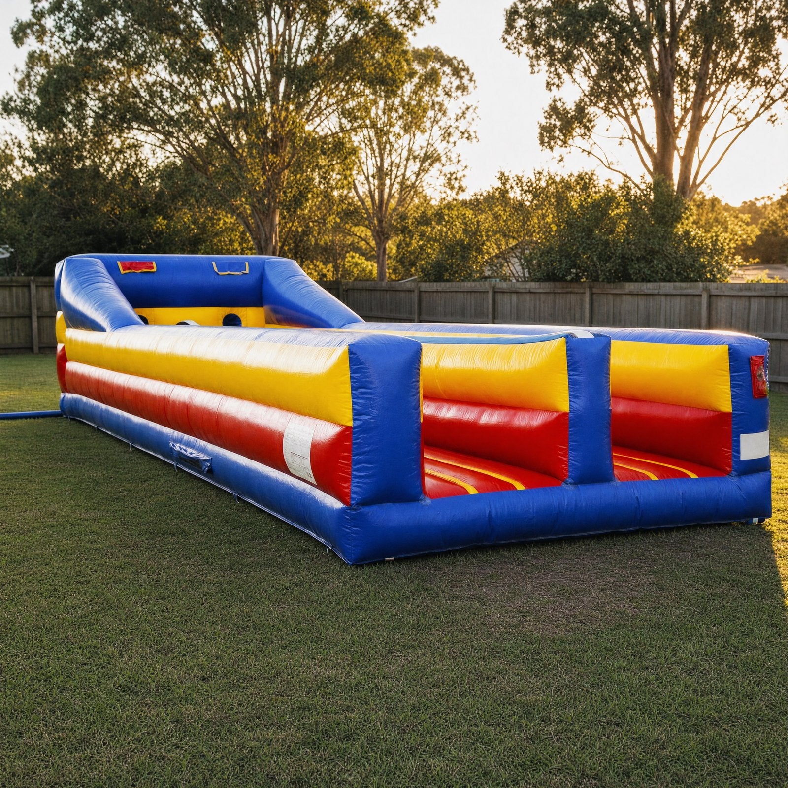 Horizontal bungee run hire - front three-quarter view of the real lane in a Central Coast backyard