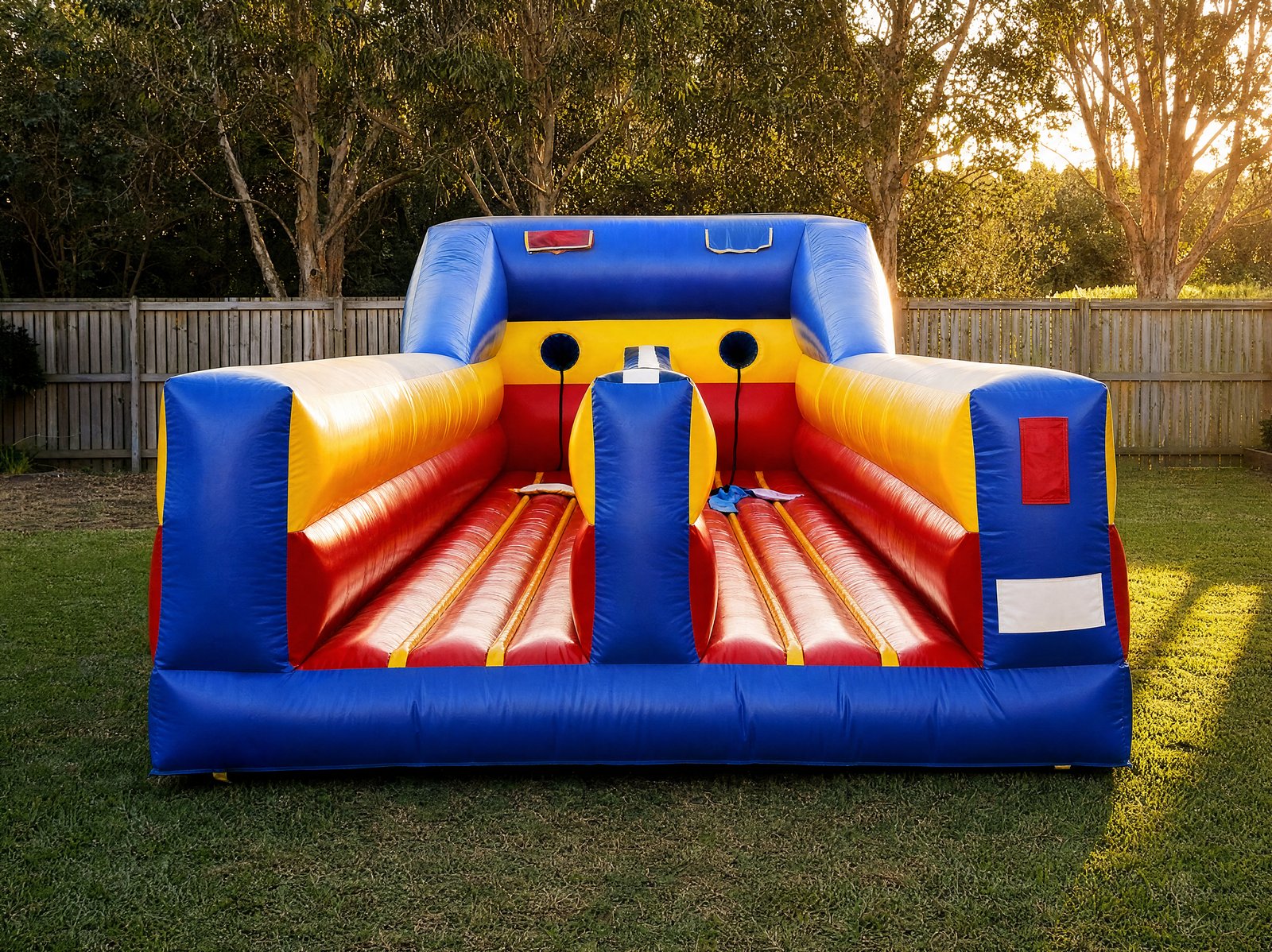 Horizontal bungee run hire - wide front elevation view