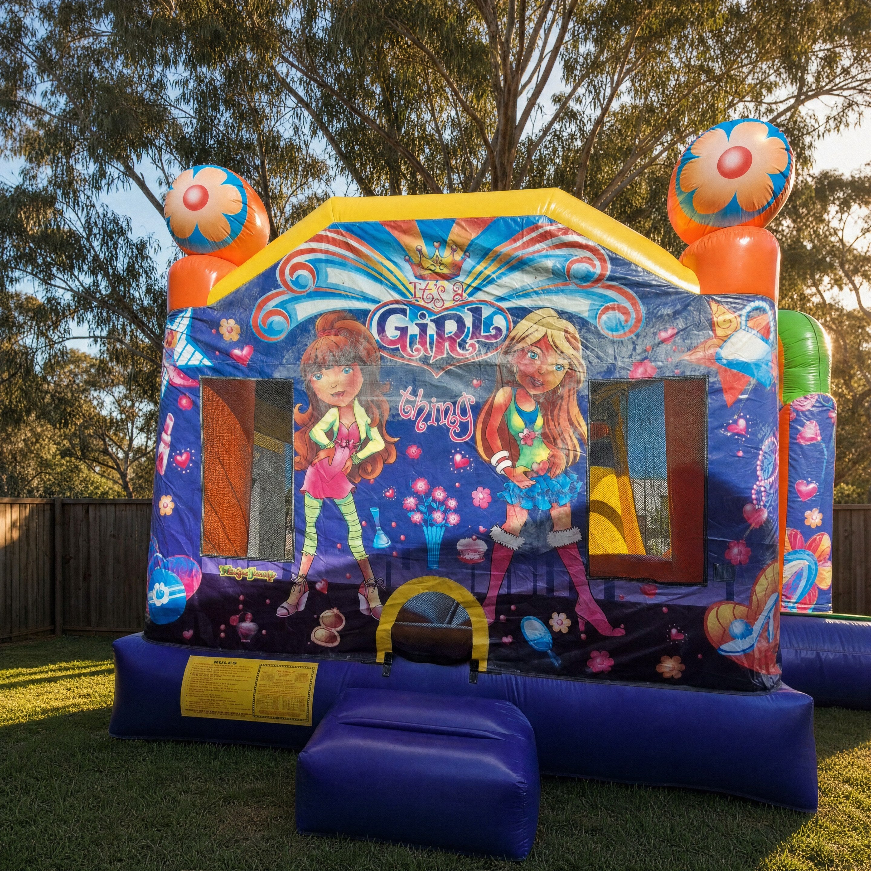 Purple and pink jumping castle with It's a Girl Thing artwork in a backyard at golden hour