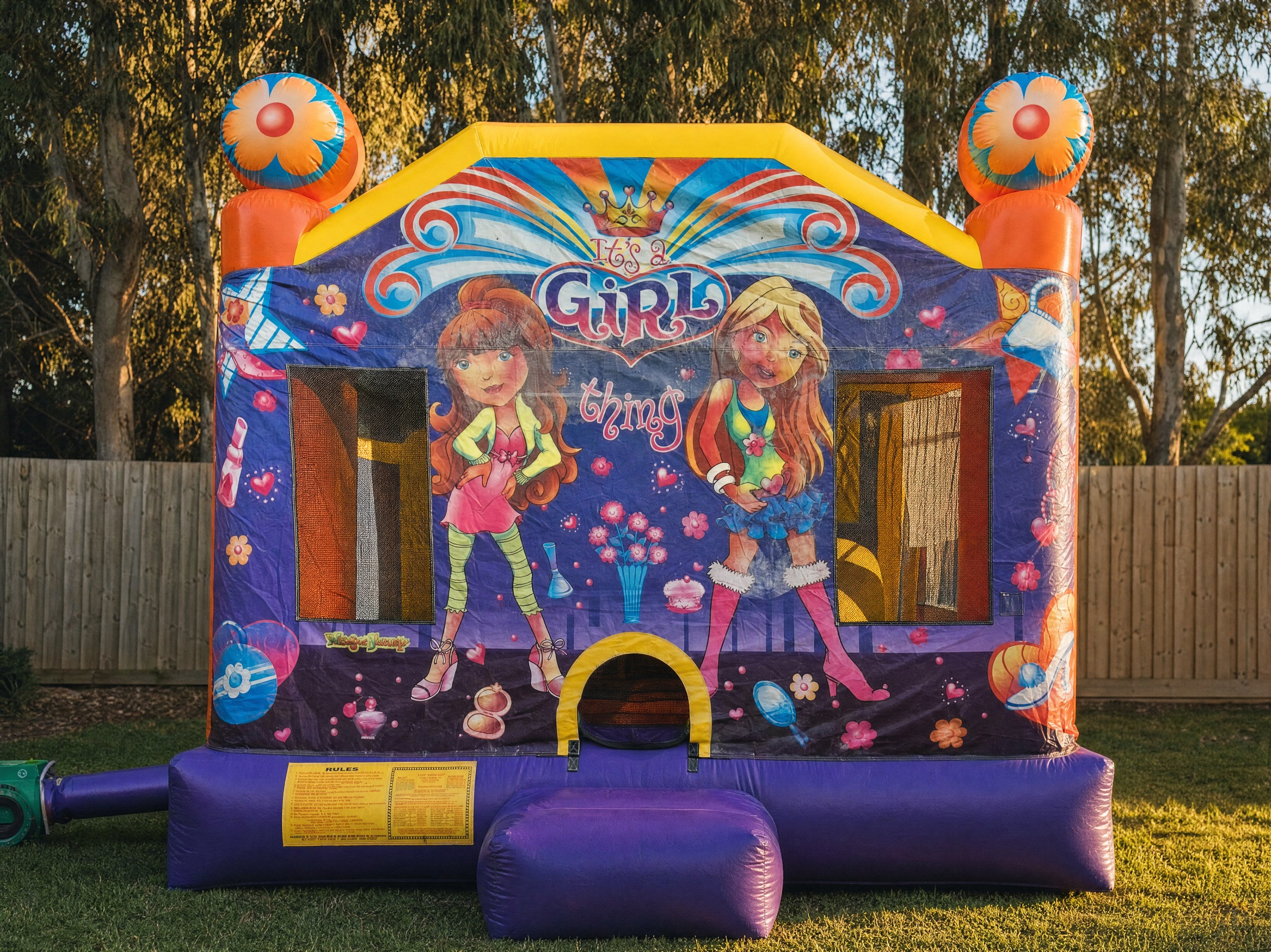 Landscape front view of a purple and pink jumping castle with It's a Girl Thing artwork