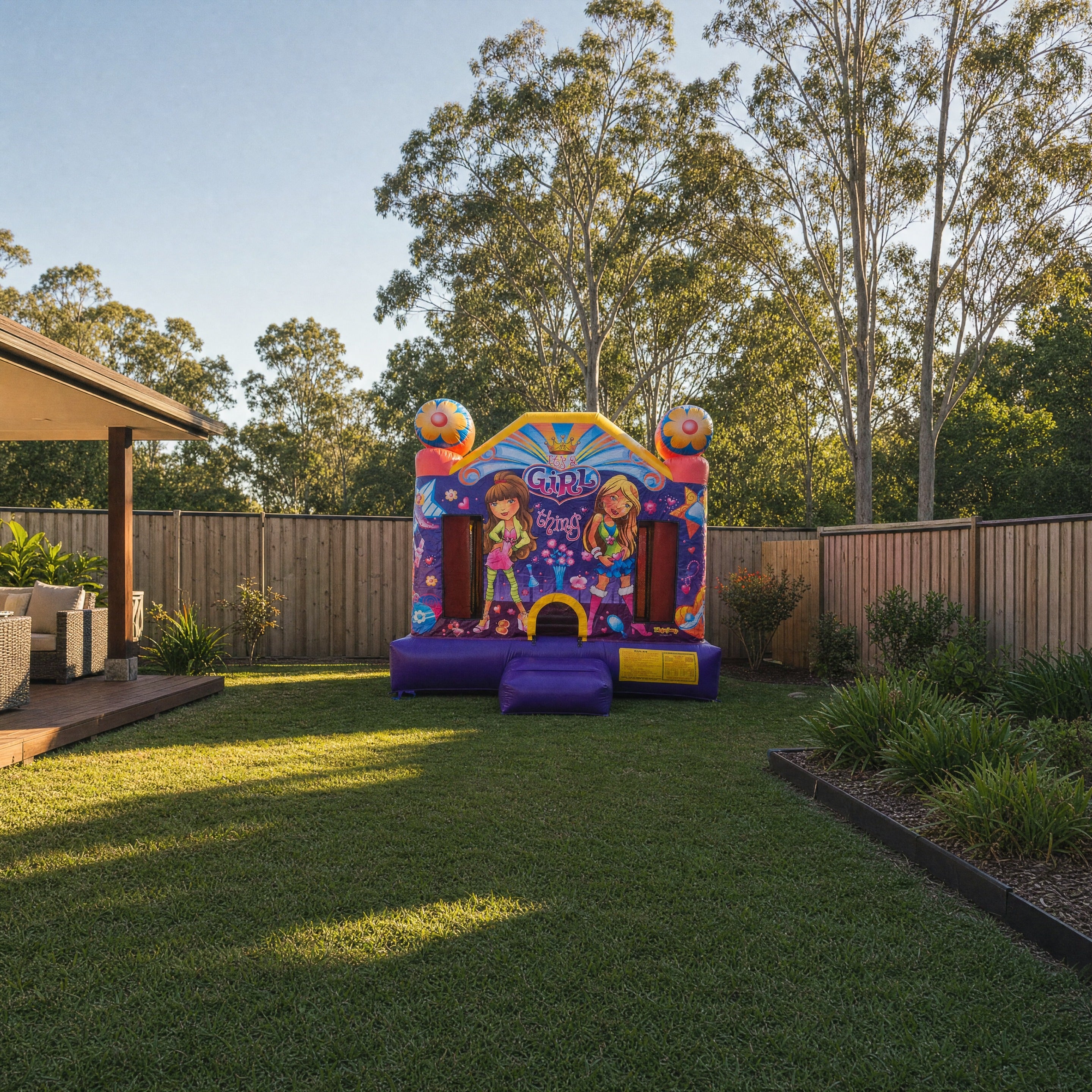 It's a Girl Thing Jumping Castle shown at true scale in a Central Coast backyard
