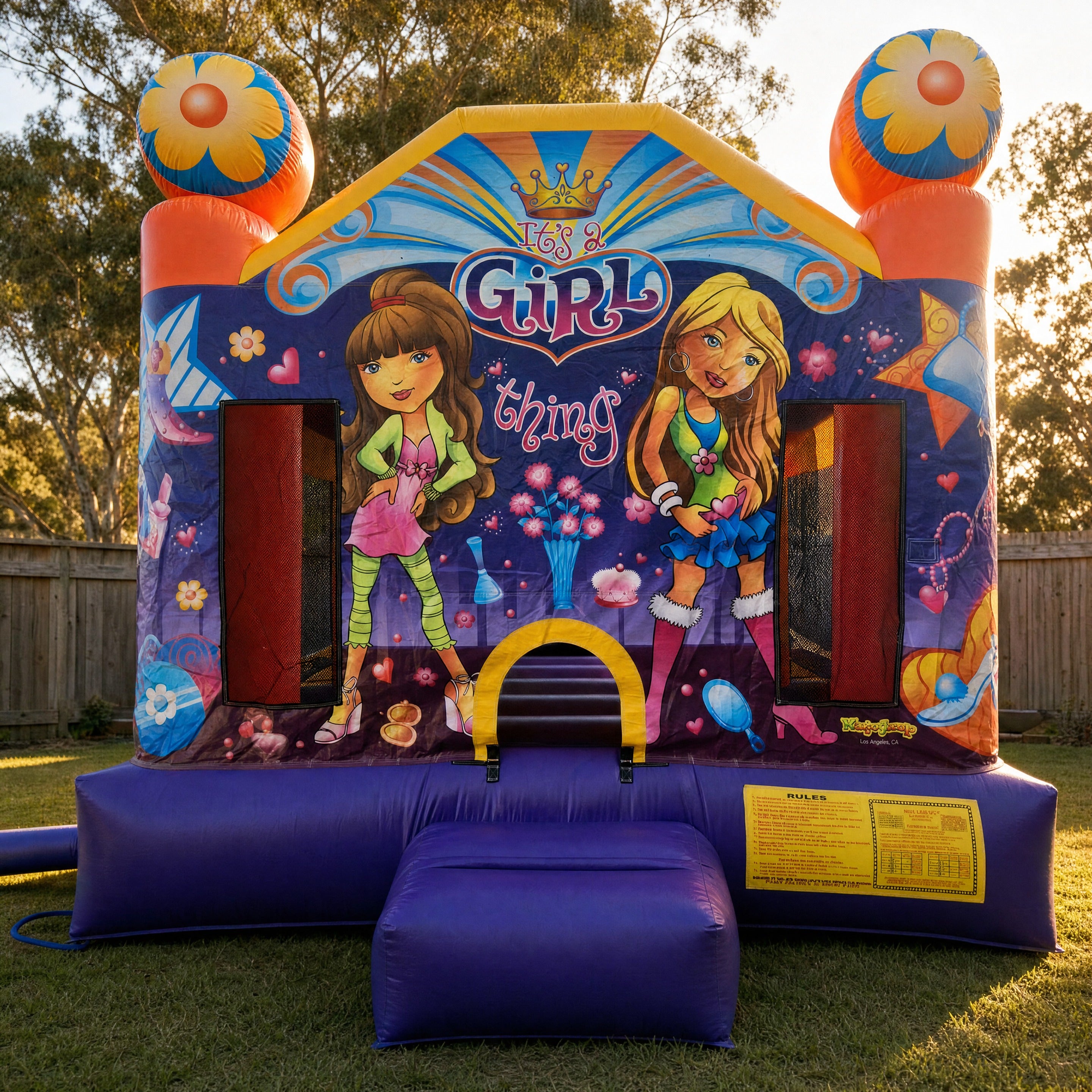 It's a Girl Thing Jumping Castle hire set up in a Central Coast backyard