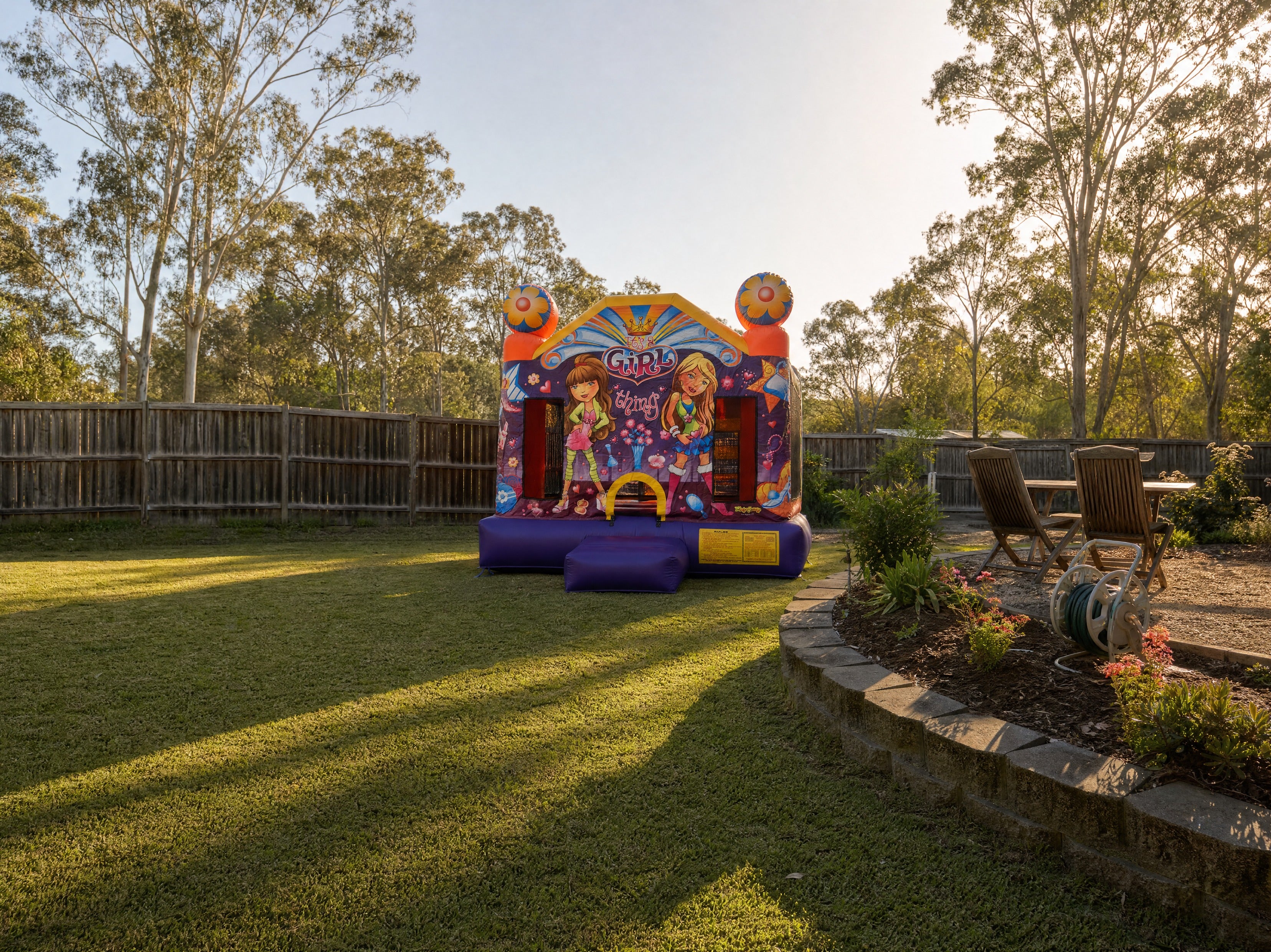 It's a Girl Thing Jumping Castle delivered and set up in a Central Coast backyard