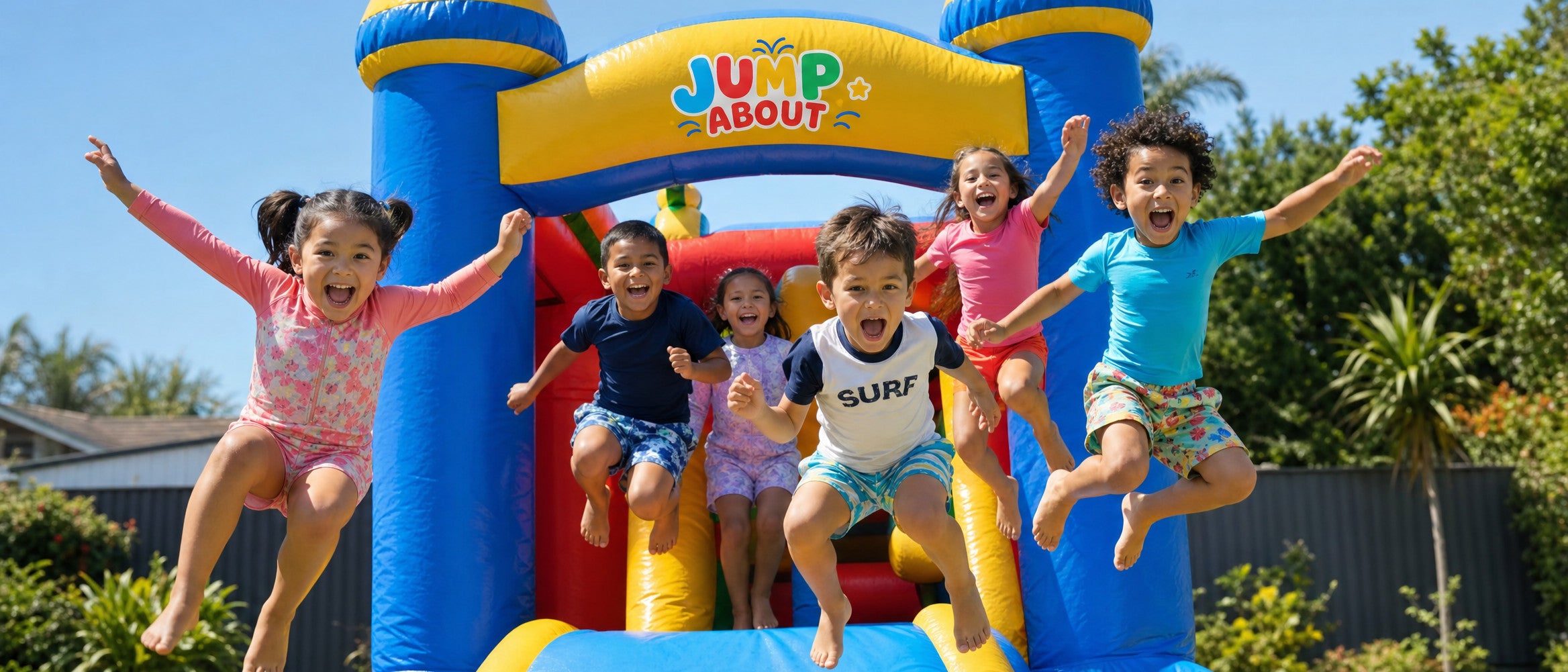Kids leaping out of a Jump About inflatable castle with a slide in a Central Coast backyard