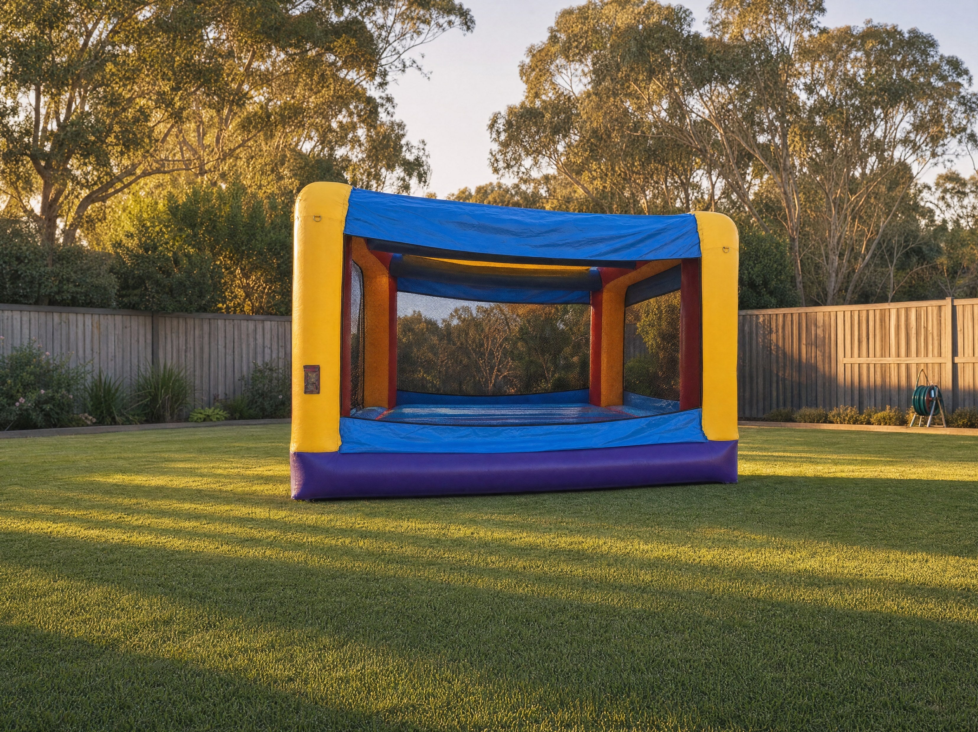 Jump About jumping castle hire in a real Central Coast backyard at golden hour