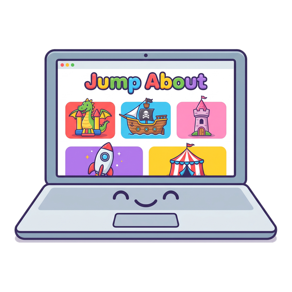 Illustrated laptop showing the Jump About inflatable hire range, step one of booking