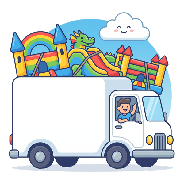 Jump About delivery truck loaded with jumping castles and a slide, step 4 of booking, we deliver and set up