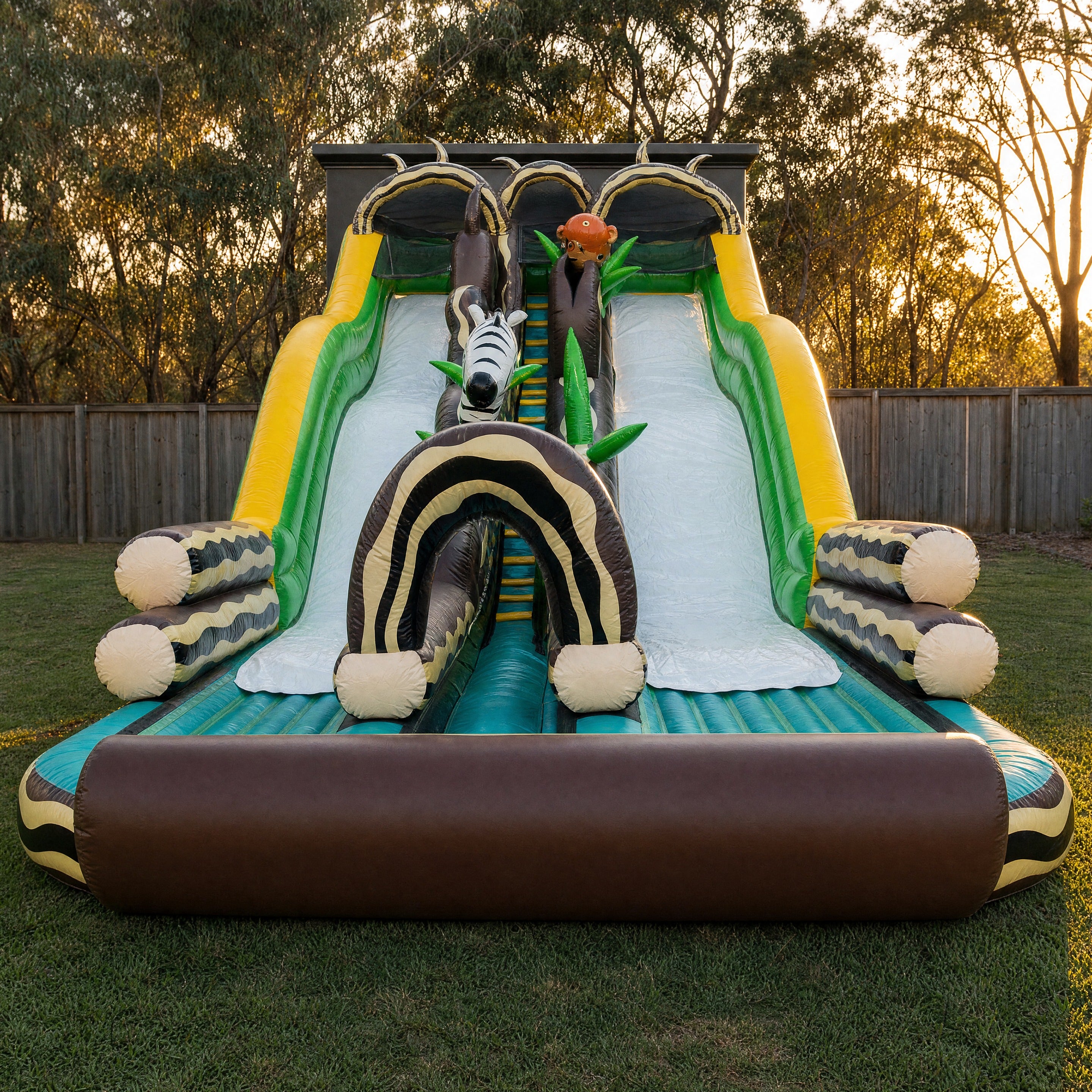 Jungle Double Lane Water Slide Hire - straight-on front elevation showing both racing lanes