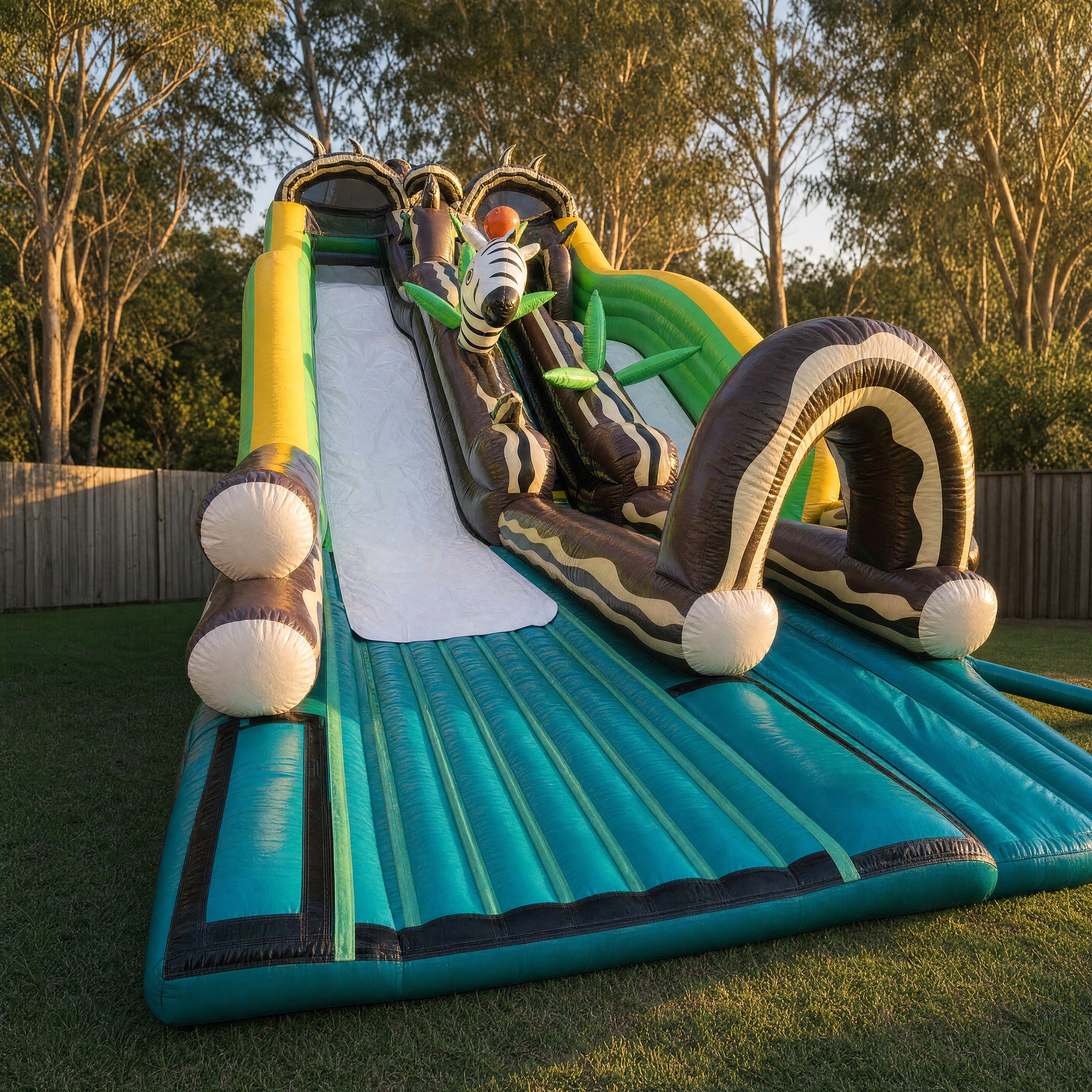Jungle Double Lane Water Slide Hire - front three-quarter view of the real slide in a Central Coast backyard