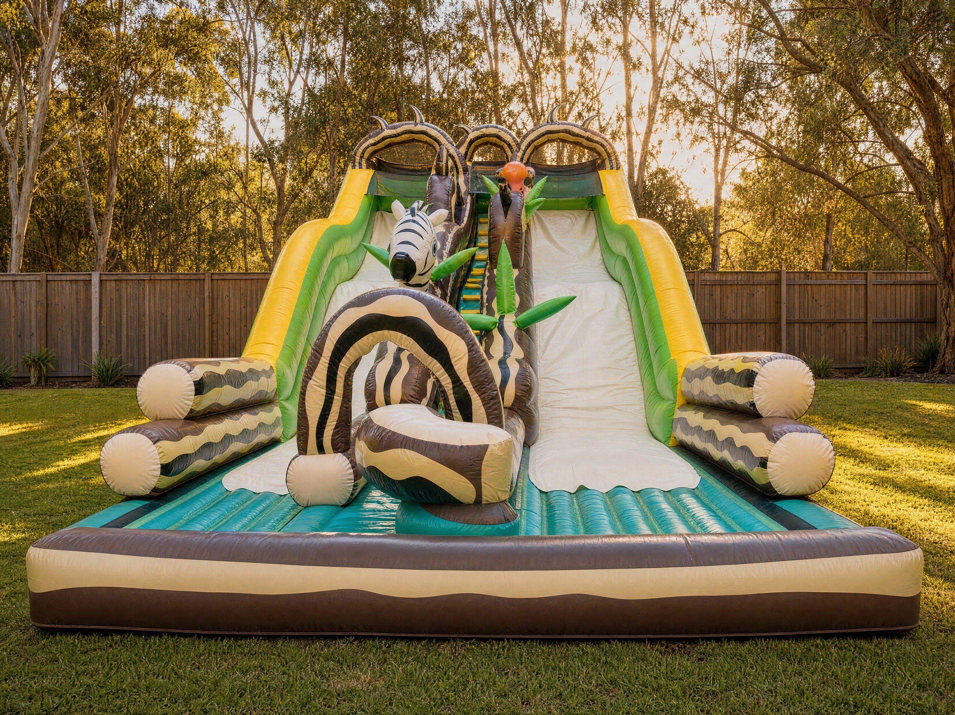 Jungle Double Lane Water Slide Hire - wide front elevation view