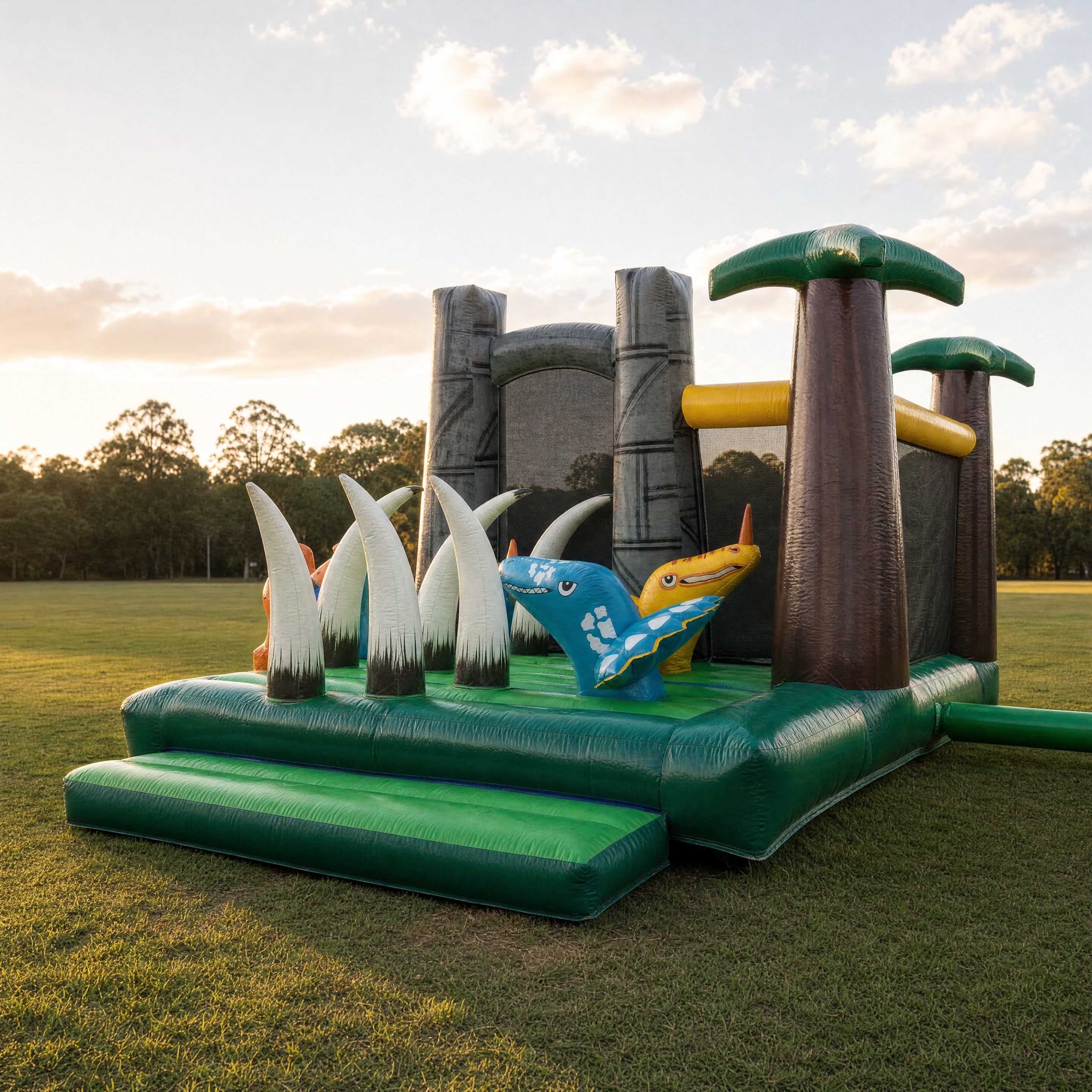 Front angle view of the Jurassic Adventure Obstacle with pterodactyl heads and tusks