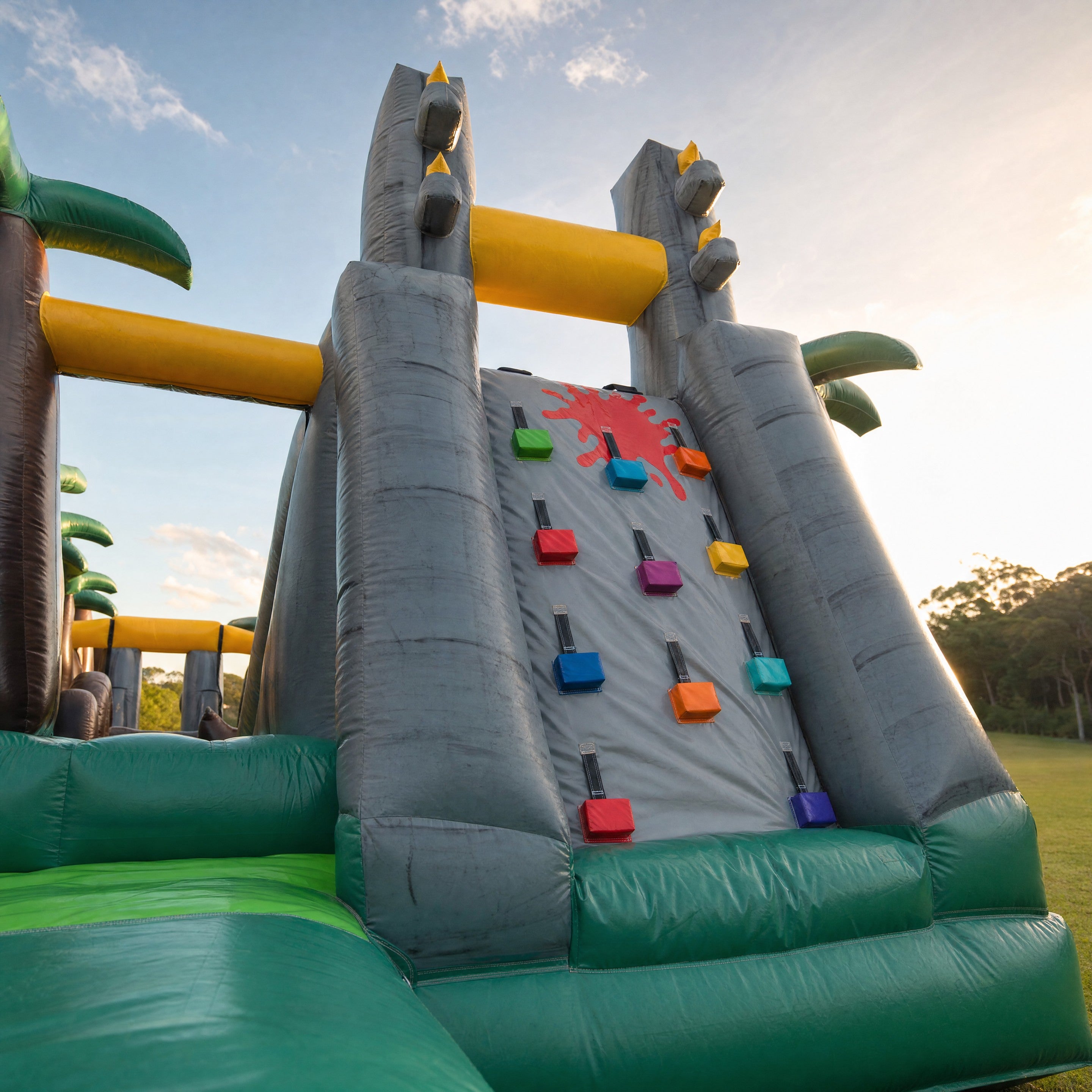 Low angle view of the Jurassic Adventure Obstacle climbing wall panel