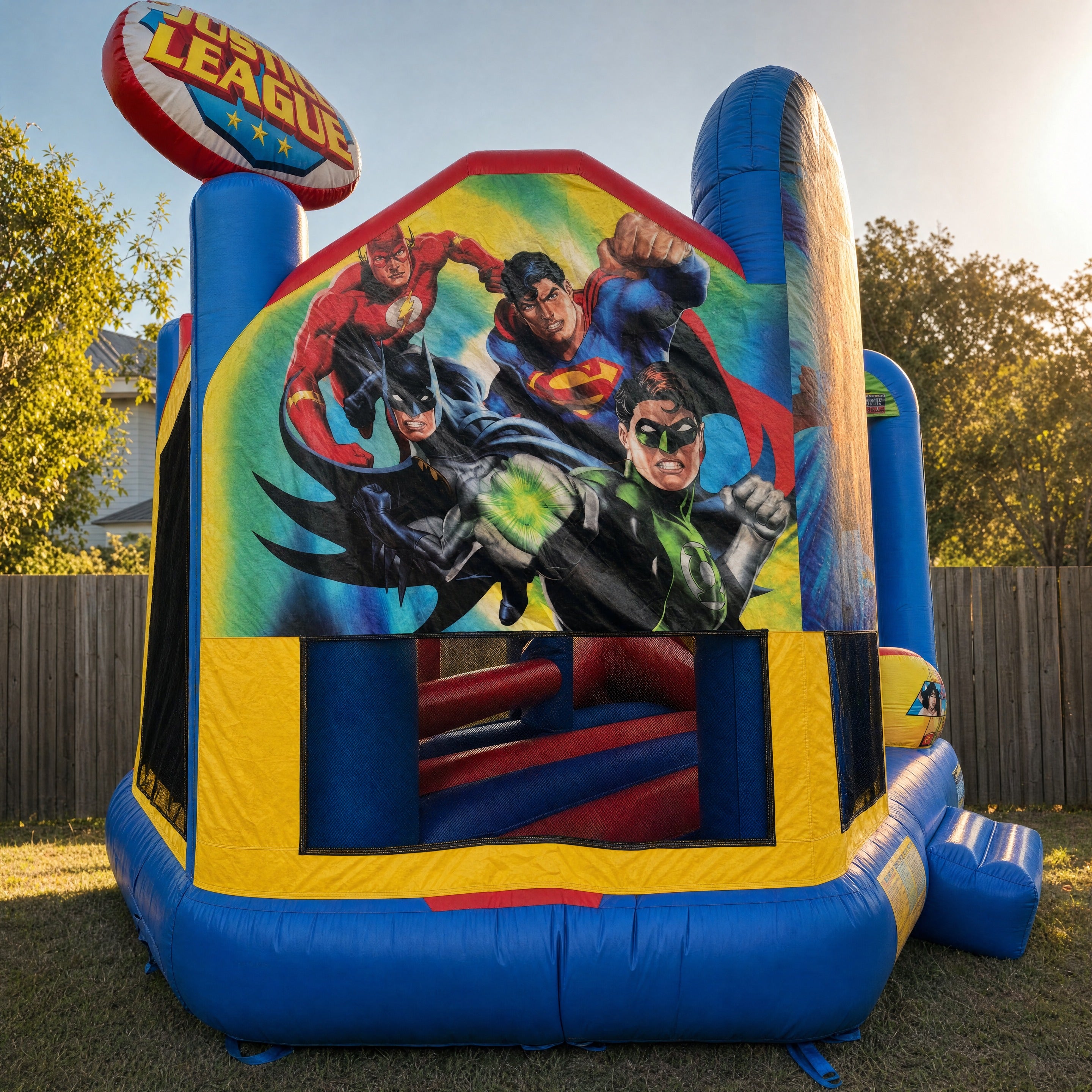 Justice League 5in1 Combo hire front panel showing Batman, Superman, Flash and Green Lantern artwork