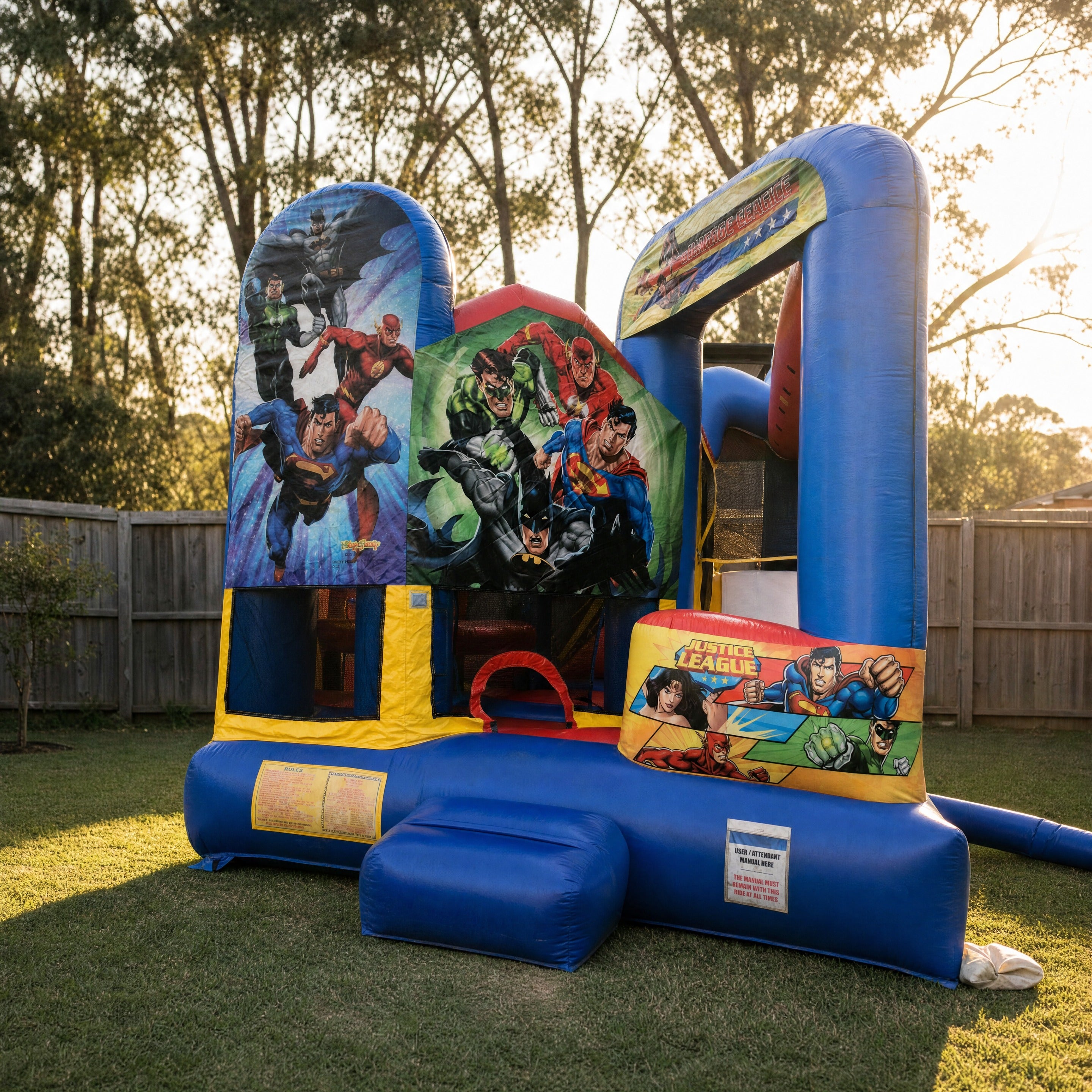 Justice League 5in1 Combo jumping castle hire in a Central Coast backyard, front three-quarter view