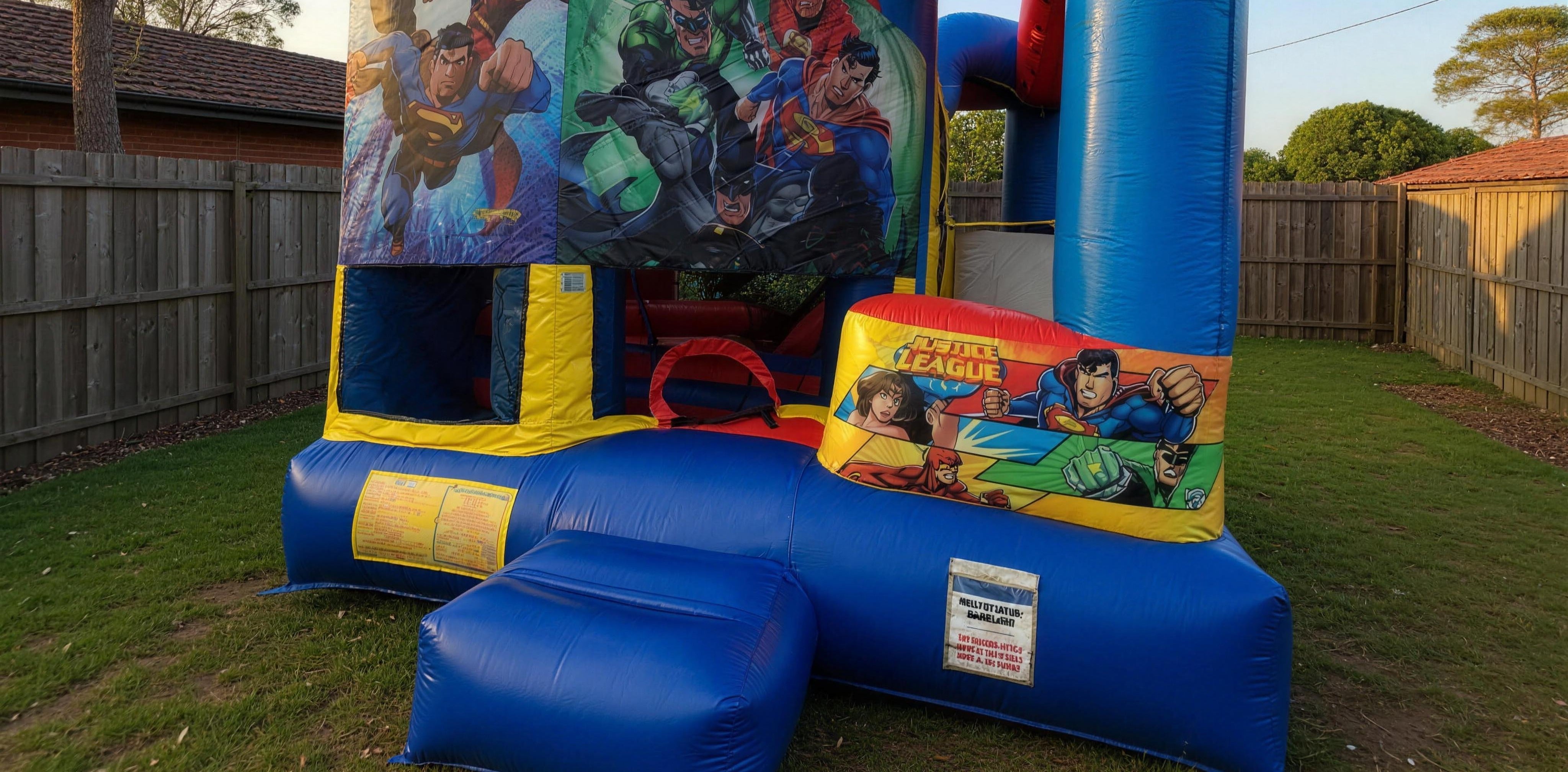 Justice League 5in1 Combo hire castle wide view with slide tower in a Central Coast backyard