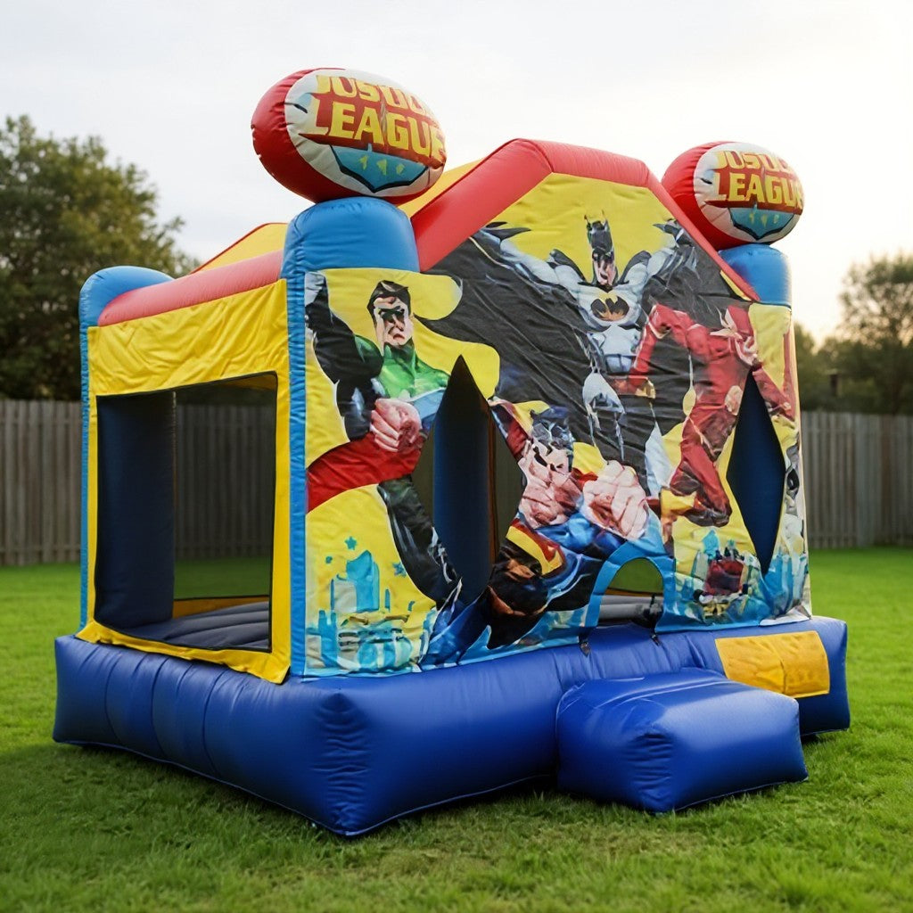 Angled side view of the Justice League jumping castle showing the full unit