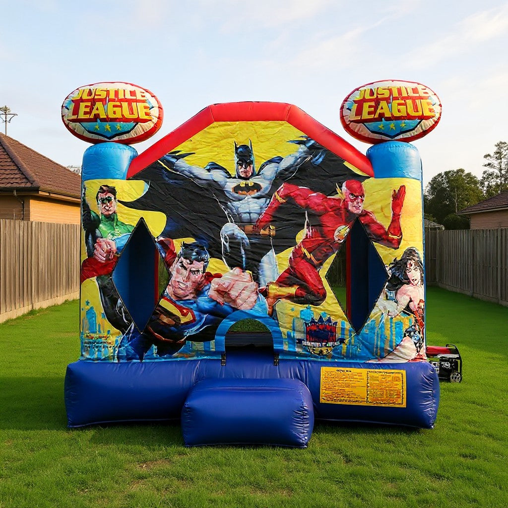 Straight on view of the Justice League jumping castle artwork and safety placard