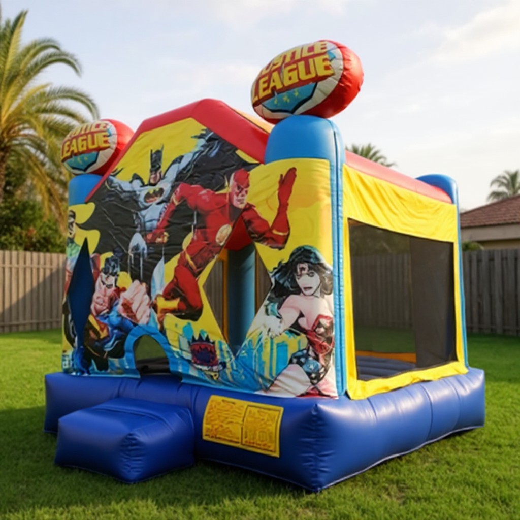 Justice League jumping castle with Batman and Superman artwork on a Central Coast lawn