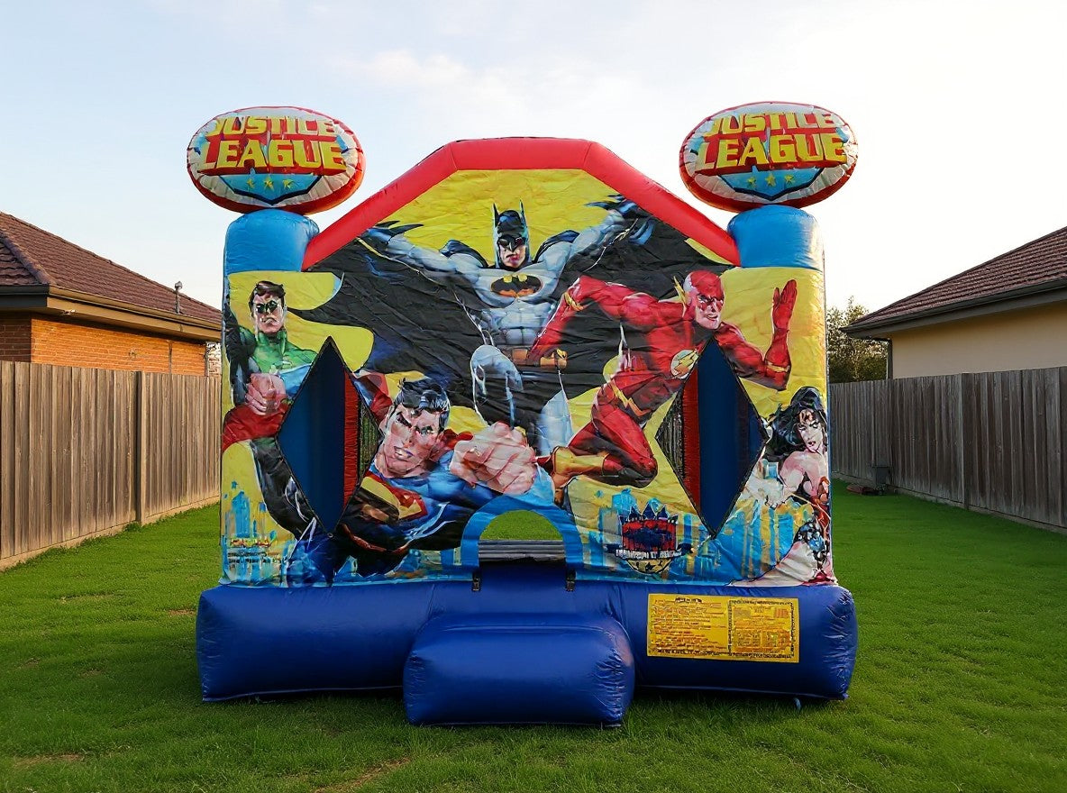 Wide straight on view of the Justice League jumping castle artwork
