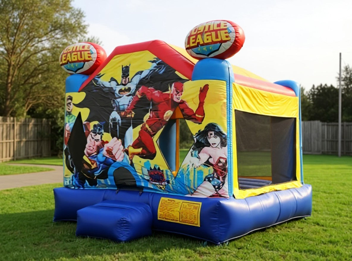 Wide front three quarter view of the Justice League jumping castle on a Central Coast lawn