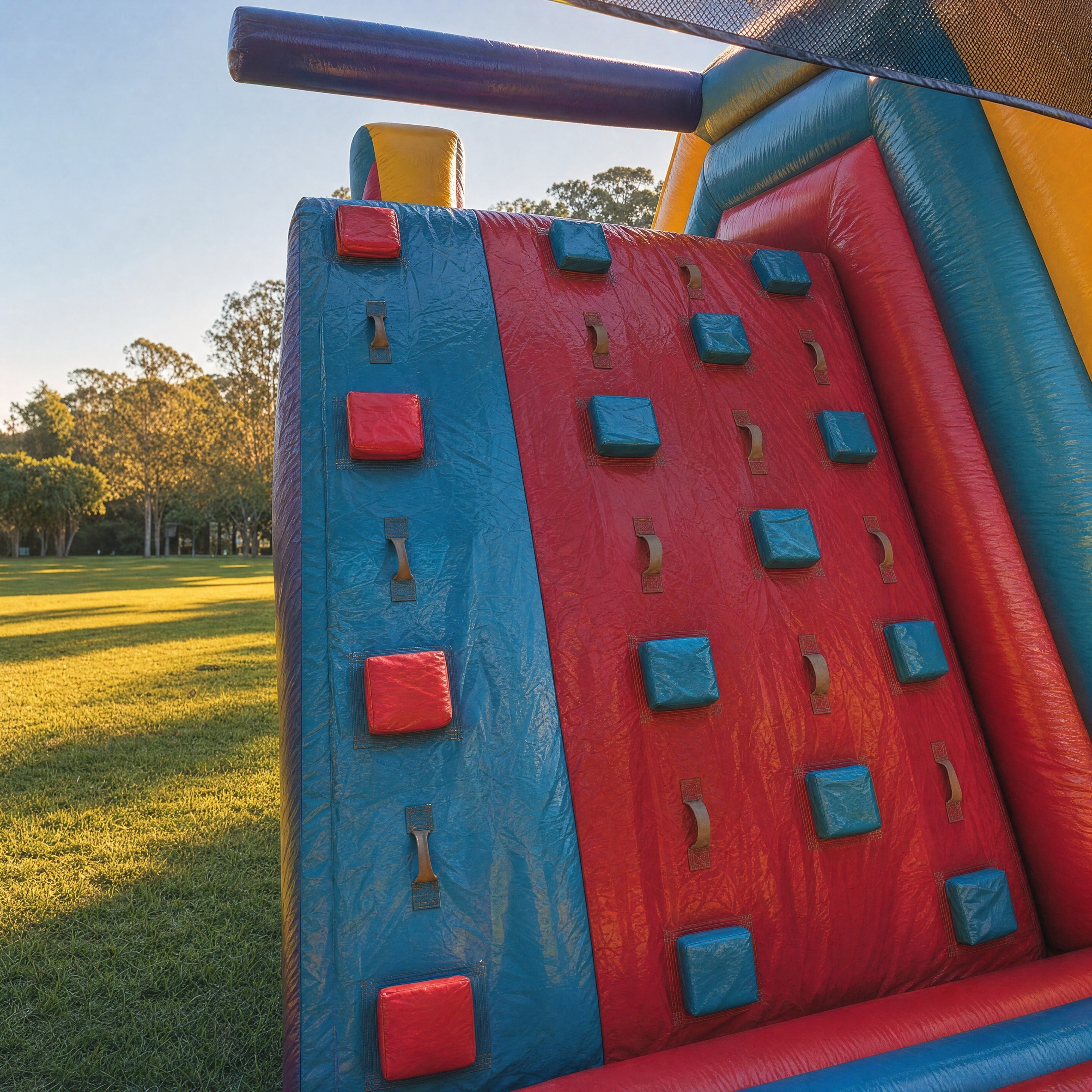 Red blue and teal climbing wall panel with grab handles on the Kids Gym Obstacle