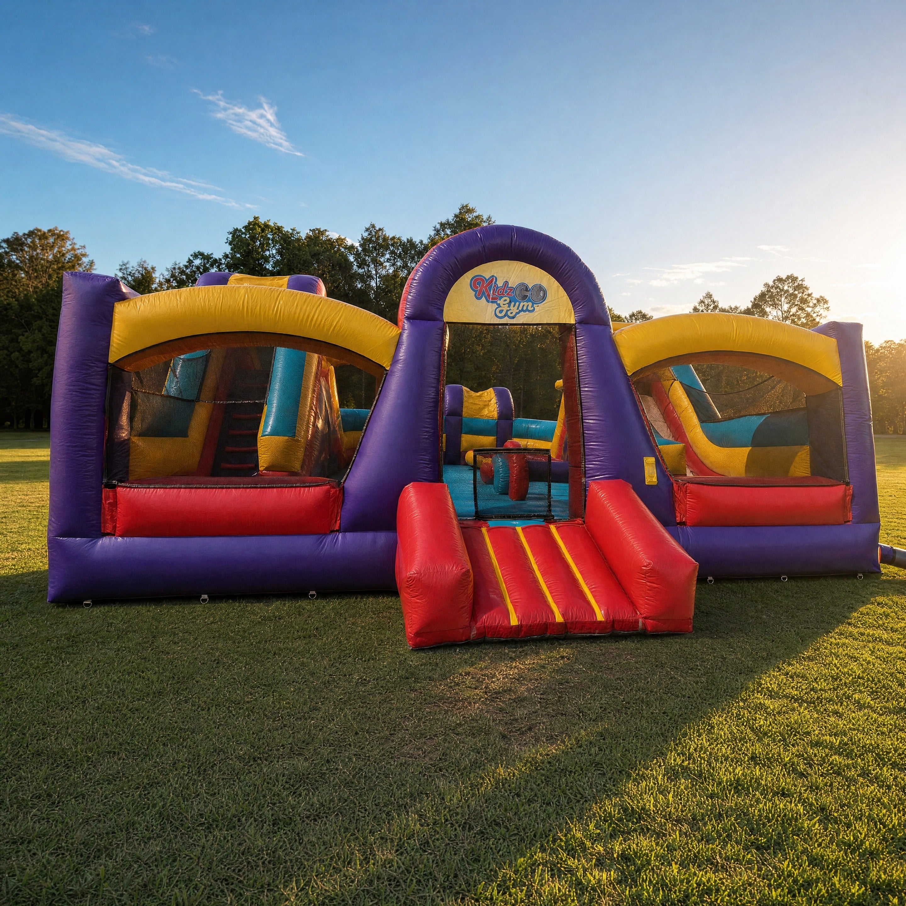 Kids Gym Obstacle inflatable course with Kidz Gym archway on a Central Coast park