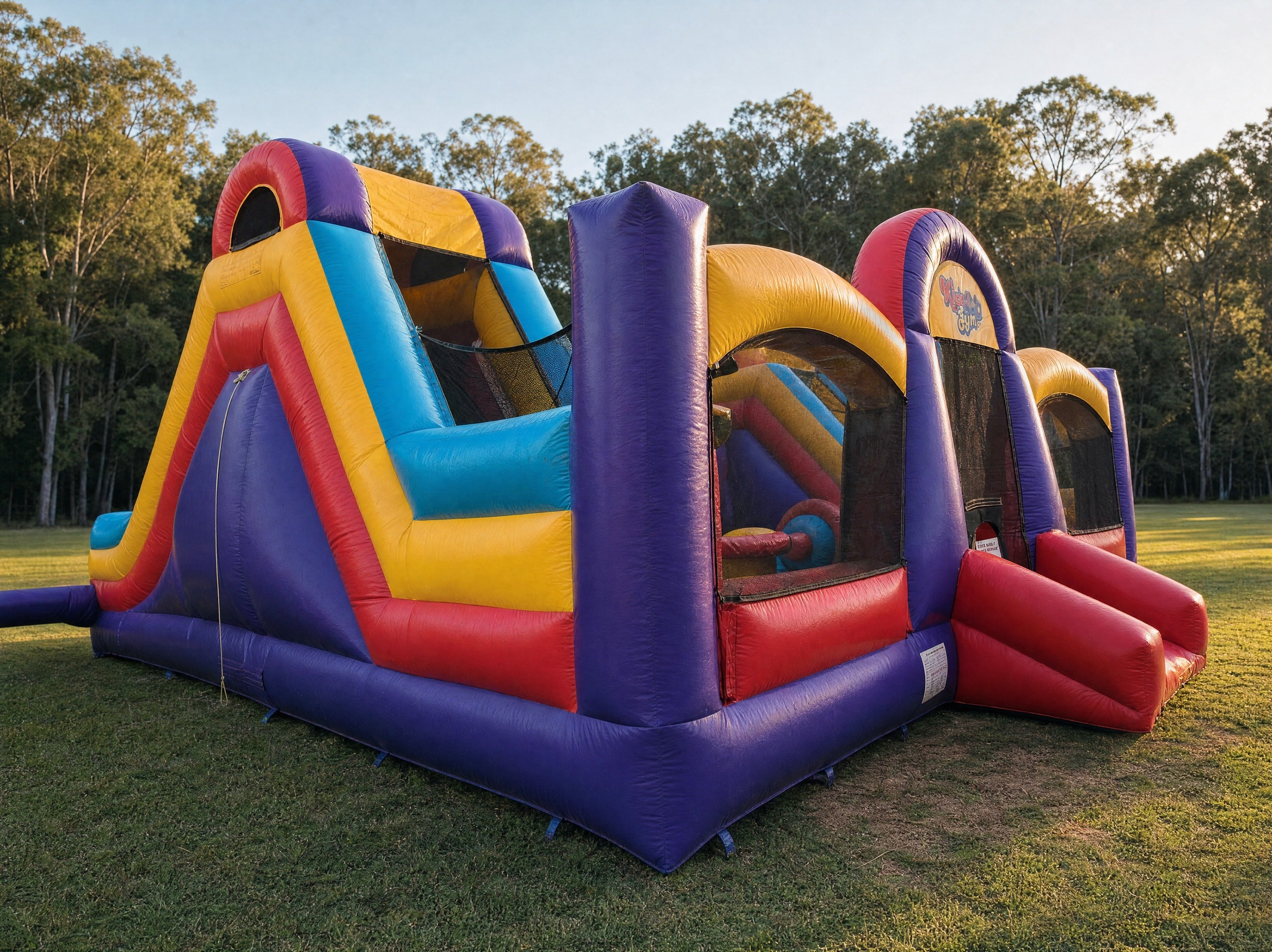 Side profile view of the Kids Gym Obstacle showing the slide tower and Kidz Gym archway
