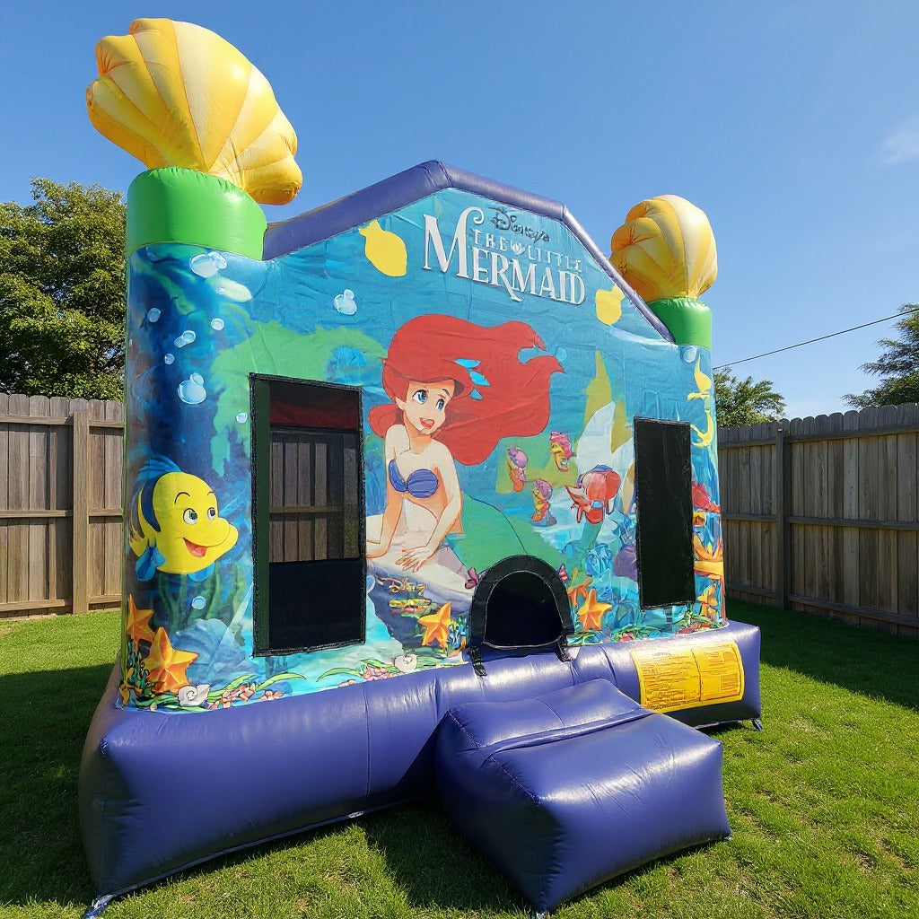 Little Mermaid Jumping Castle - entrance detail showing the landing mat and safety placard