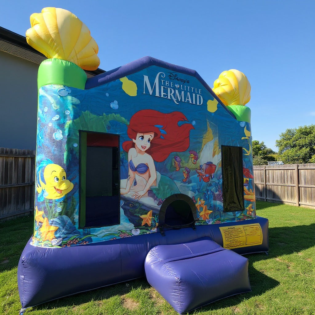 Little Mermaid Jumping Castle - front three-quarter view of the real castle in a Central Coast backyard