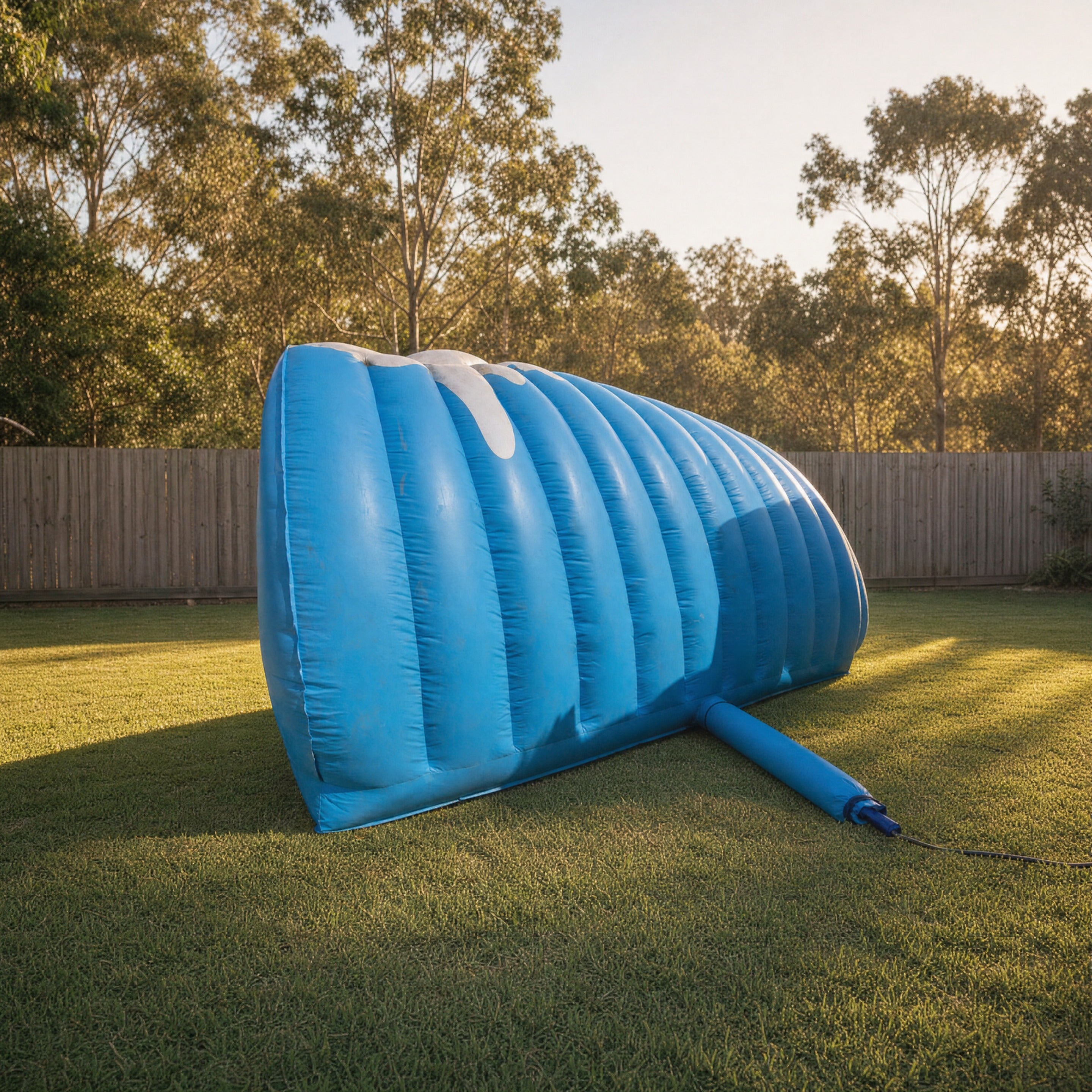 Mechanical Surfboard hire set up in a large Central Coast backyard, pulled-back view showing the ride's true size