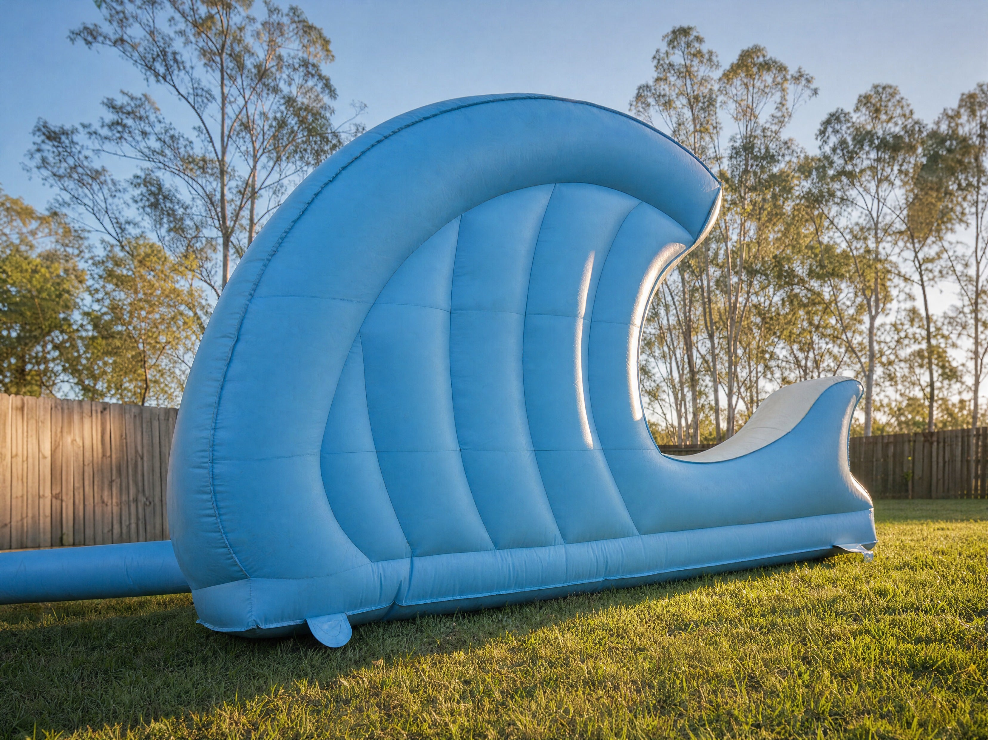 Mechanical Surfboard hire, low-angle view looking up at the curling wave-shaped inflatable