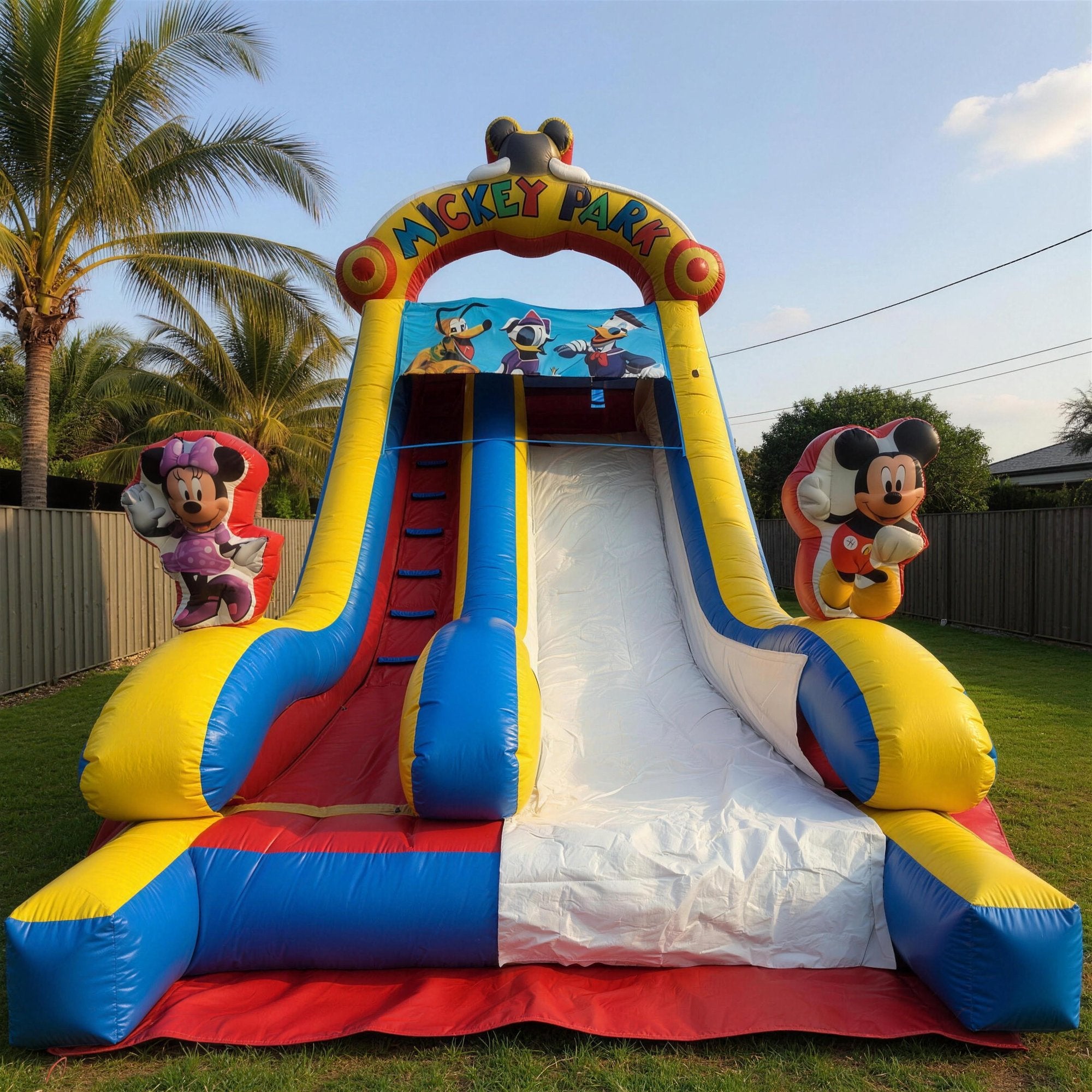 Mickey Mouse Water Slide with Pool Hire, straight on front face view, Jump About