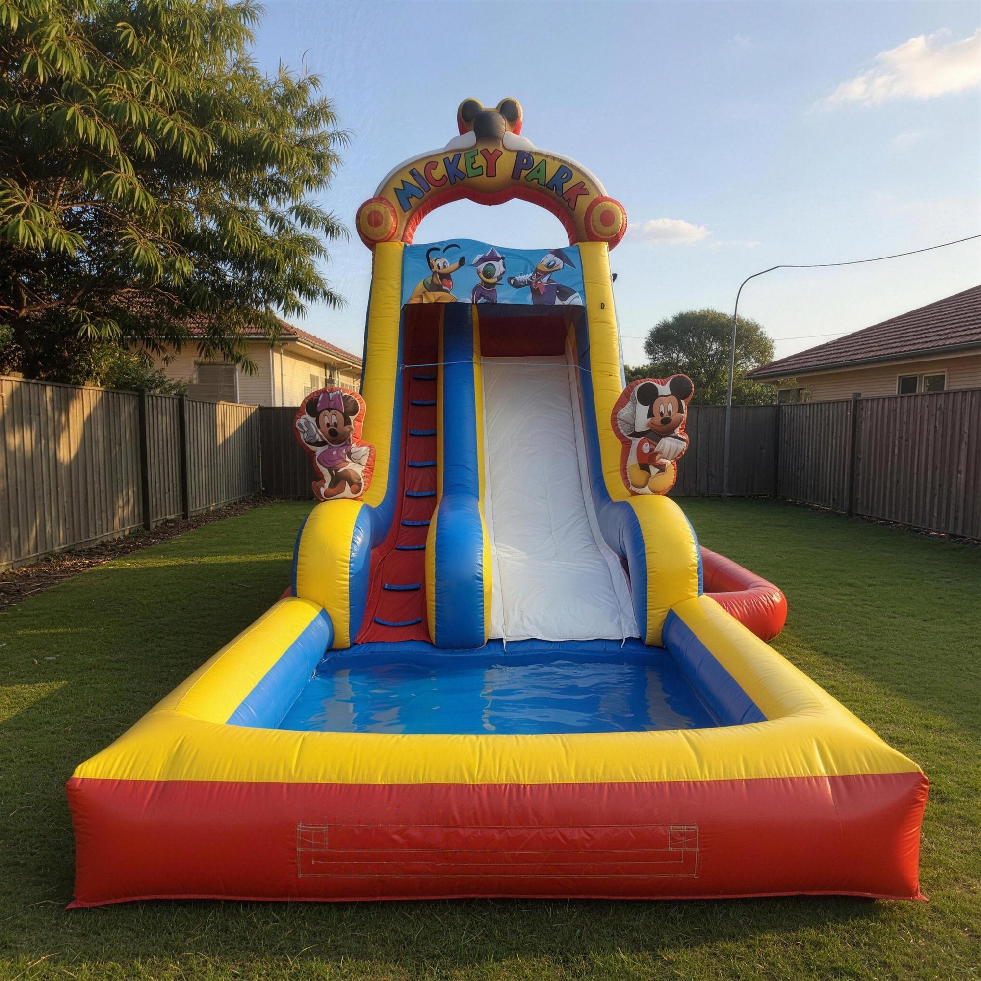 Mickey Mouse Water Slide with Pool Hire, front view with splash pool, Jump About Central Coast